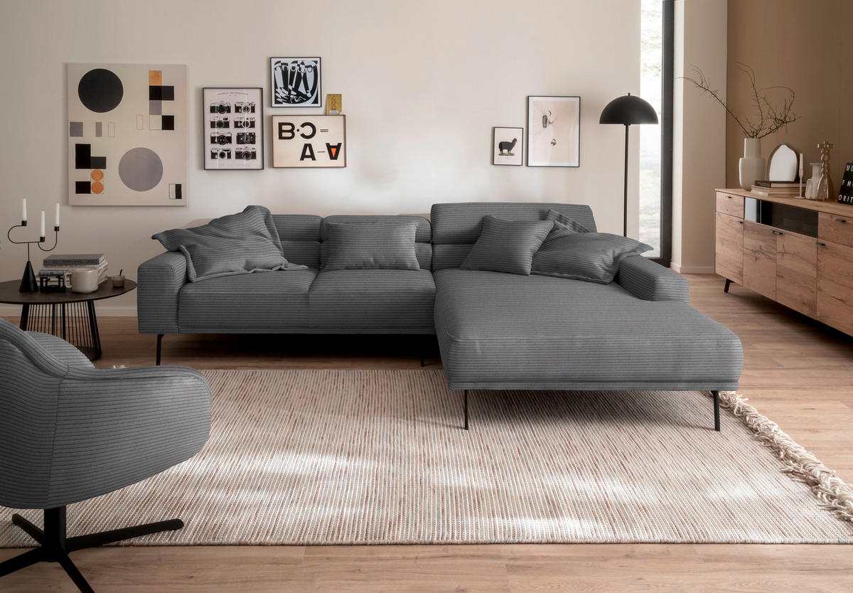ECKSOFA Cord Dunkelgrau  - Dunkelgrau/Schwarz, Design, Textil/Metall (293/215-217cm) - Schöner Wohnen