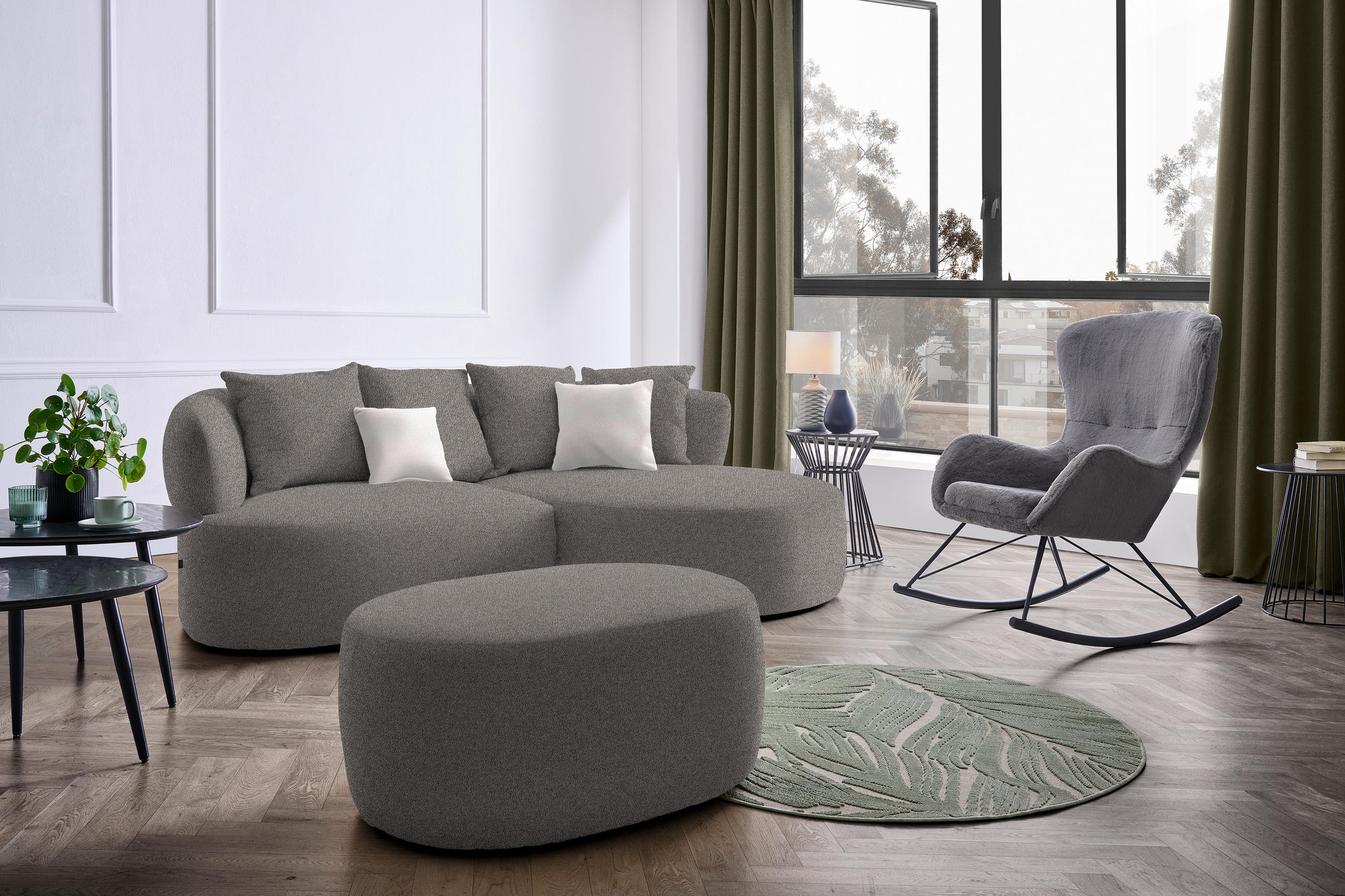 ECKSOFA in Plüsch Graphitfarben  235/166 cm  - Creme/Schwarz, MODERN, Kunststoff/Textil (235/166cm) - Hom`in
