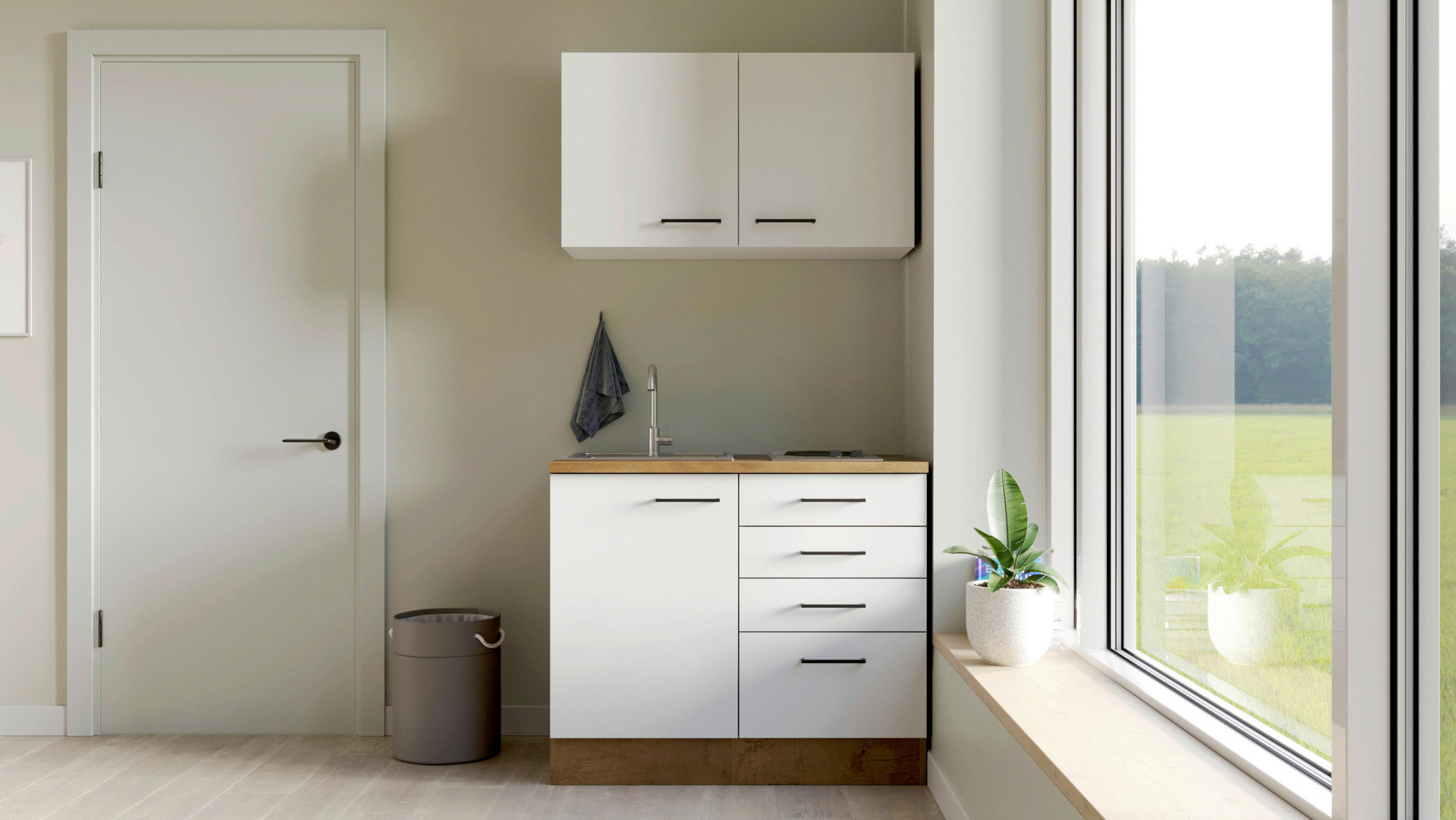 MINIKÜCHE 100 cm   in Eichefarben, Magnolie  - Eichefarben/Magnolie, MODERN, Holzwerkstoff/Metall (100cm) - FlexWell