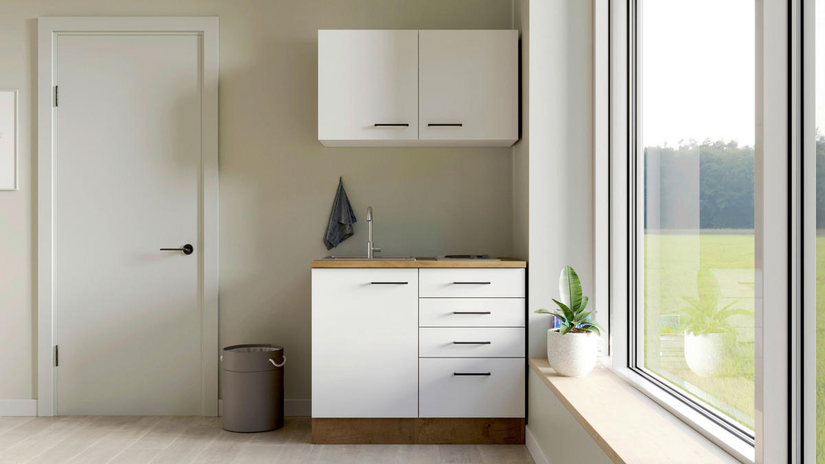 MINIKÜCHE 100 cm   in Eichefarben, Magnolie  - Eichefarben/Magnolie, MODERN, Holzwerkstoff/Metall (100cm) - FlexWell