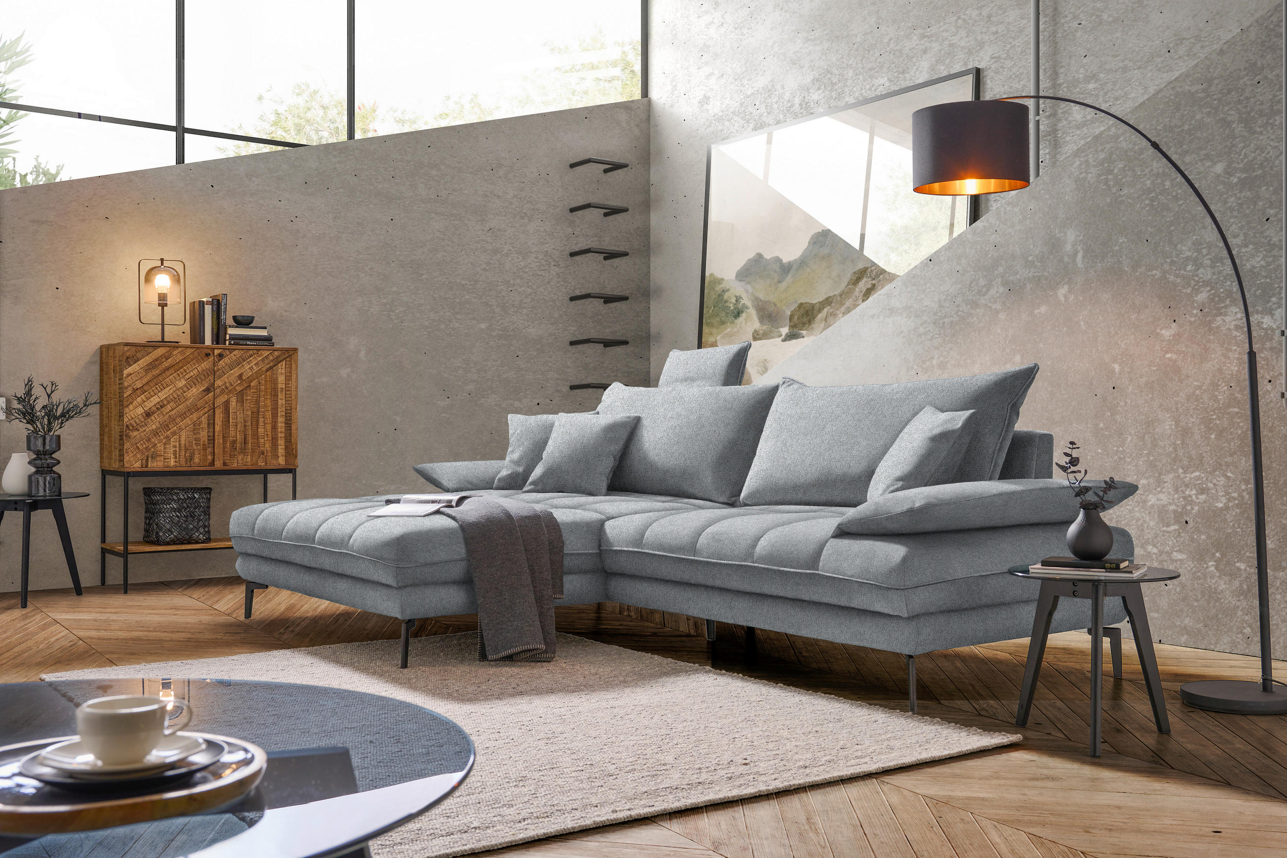 ECKSOFA PRATO Grau Webstoff  - Schwarz/Grau, MODERN, Textil/Metall (176/292cm) - MID.YOU