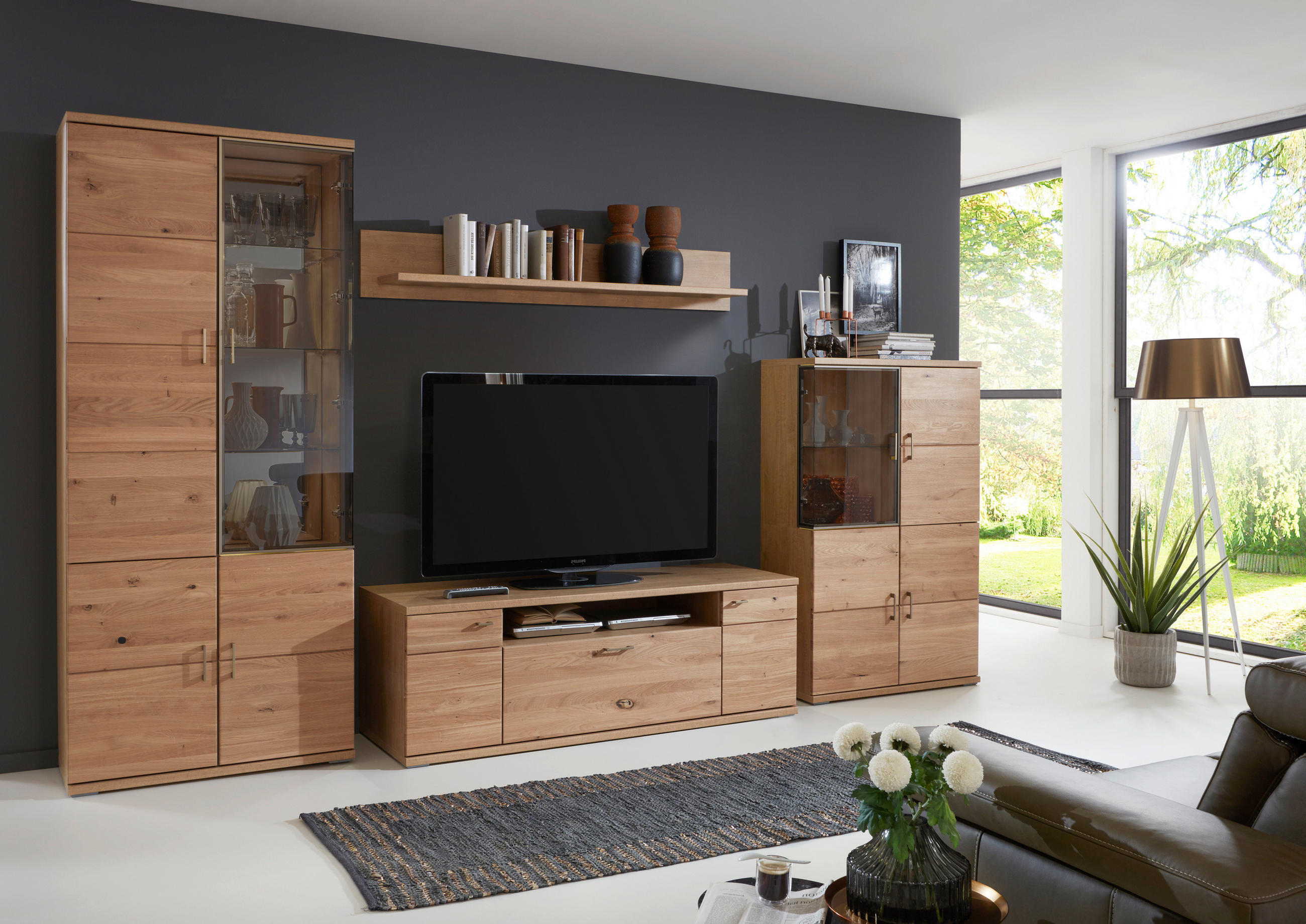 WOHNWAND  in Alteiche 364,1/211,6/55,5 cm  - Alteiche/Grau, Modern, Glas/Holz (364,1/211,6/55,5cm) - Linea Natura