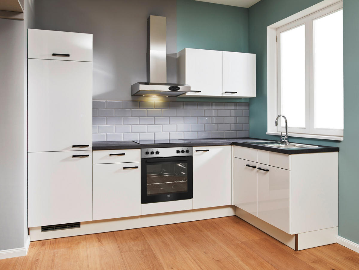 ECKKÜCHE 285/165 cm  in Graphitfarben, Weiß Hochglanz  - Weiß Hochglanz/Schwarz, Design, Holzwerkstoff/Metall (285/165cm) - Pino