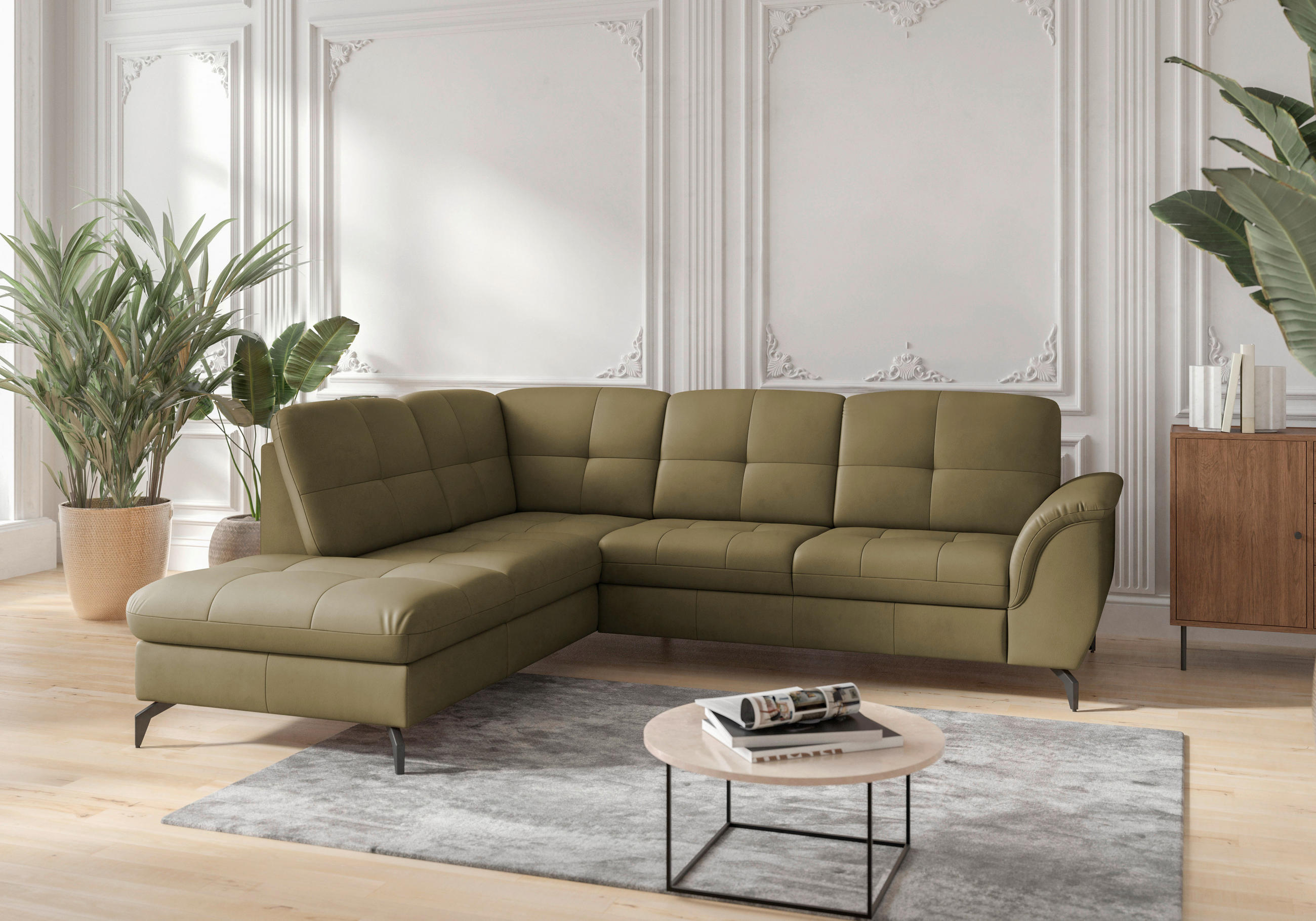 ECKSOFA ZORA E Olivgrün Echtleder  - Schwarz/Olivgrün, MODERN, Leder/Metall (212/244cm) - Sit & More