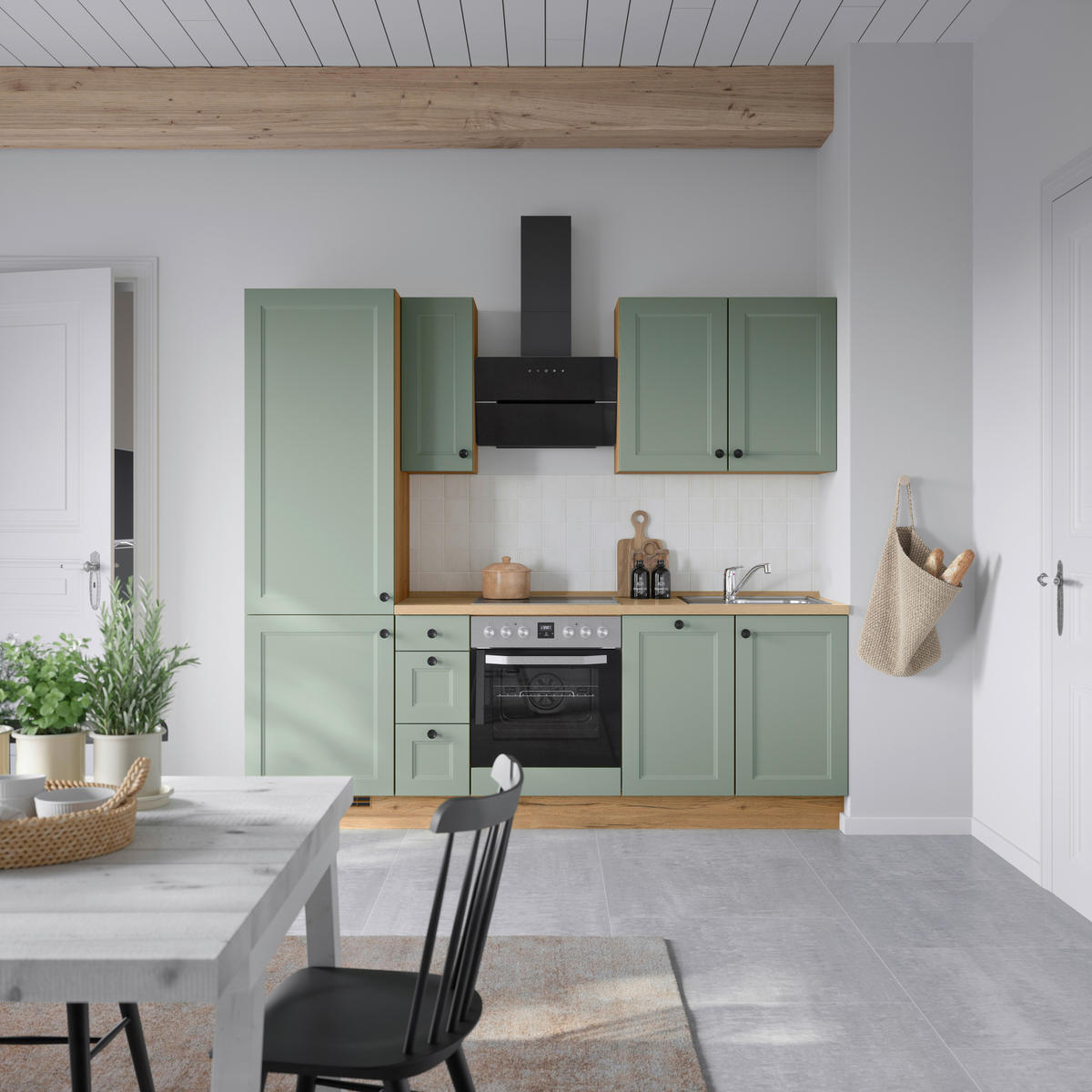 KÜCHENBLOCK 240 cm   in Eichefarben, Schilfgrün  - Schilfgrün/Eichefarben, MODERN, Holzwerkstoff/Metall (240cm) - Nobilia