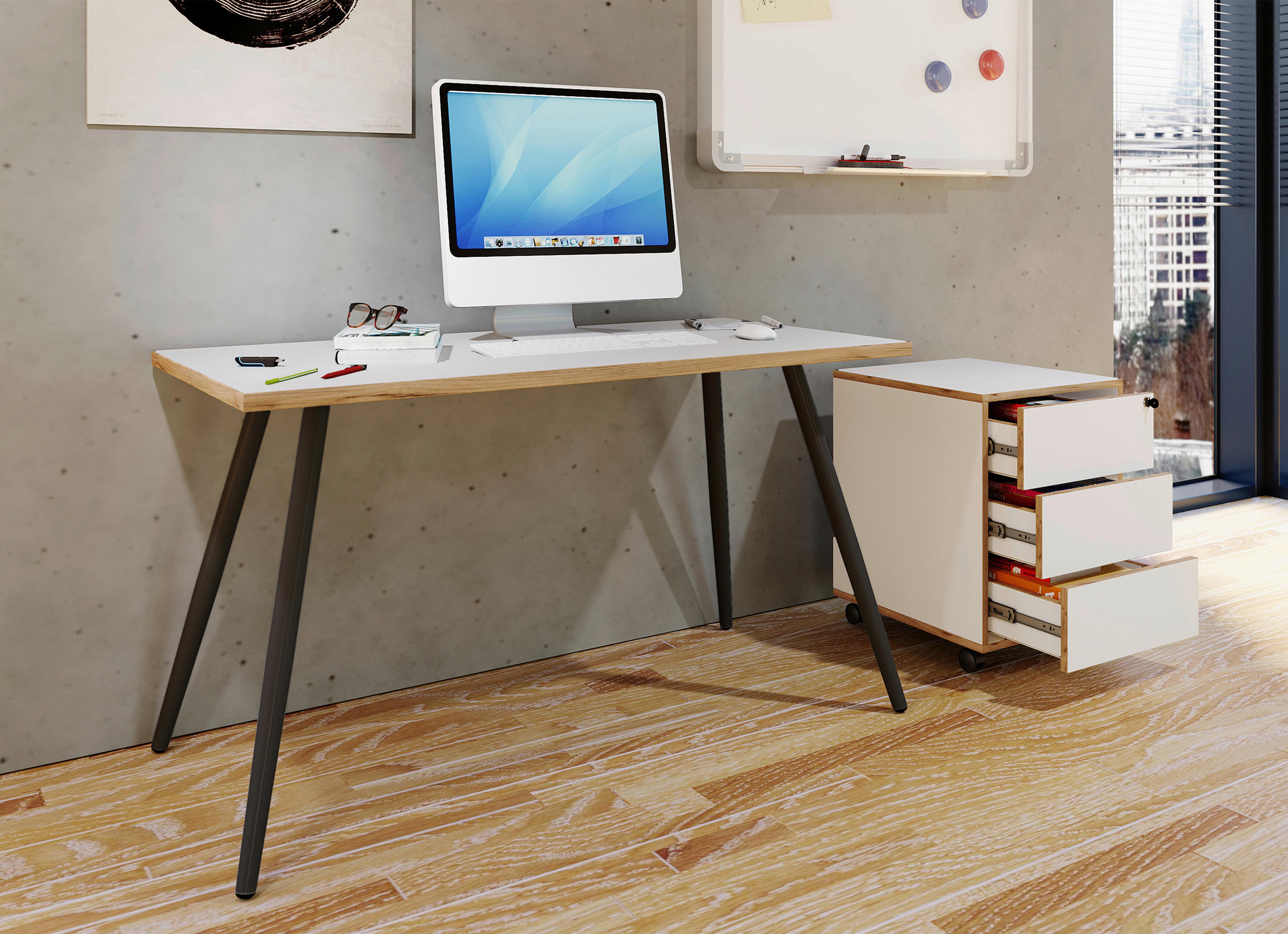SCHREIBTISCH 110/80/70 cm  in Weiss, Honigeiche  - Honigeiche/Weiss, Design, Holzwerkstoff/Metall (110/80/70cm) - MID.YOU