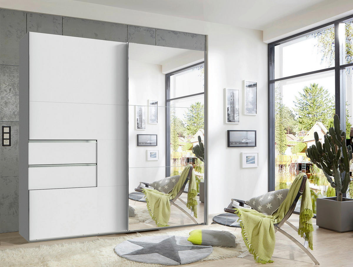 SCHWEBETÜRENSCHRANK 2-türig Weiß  - Alufarben/Weiß, Design, Glas/Holzwerkstoff (200/216/65cm) - Stylife