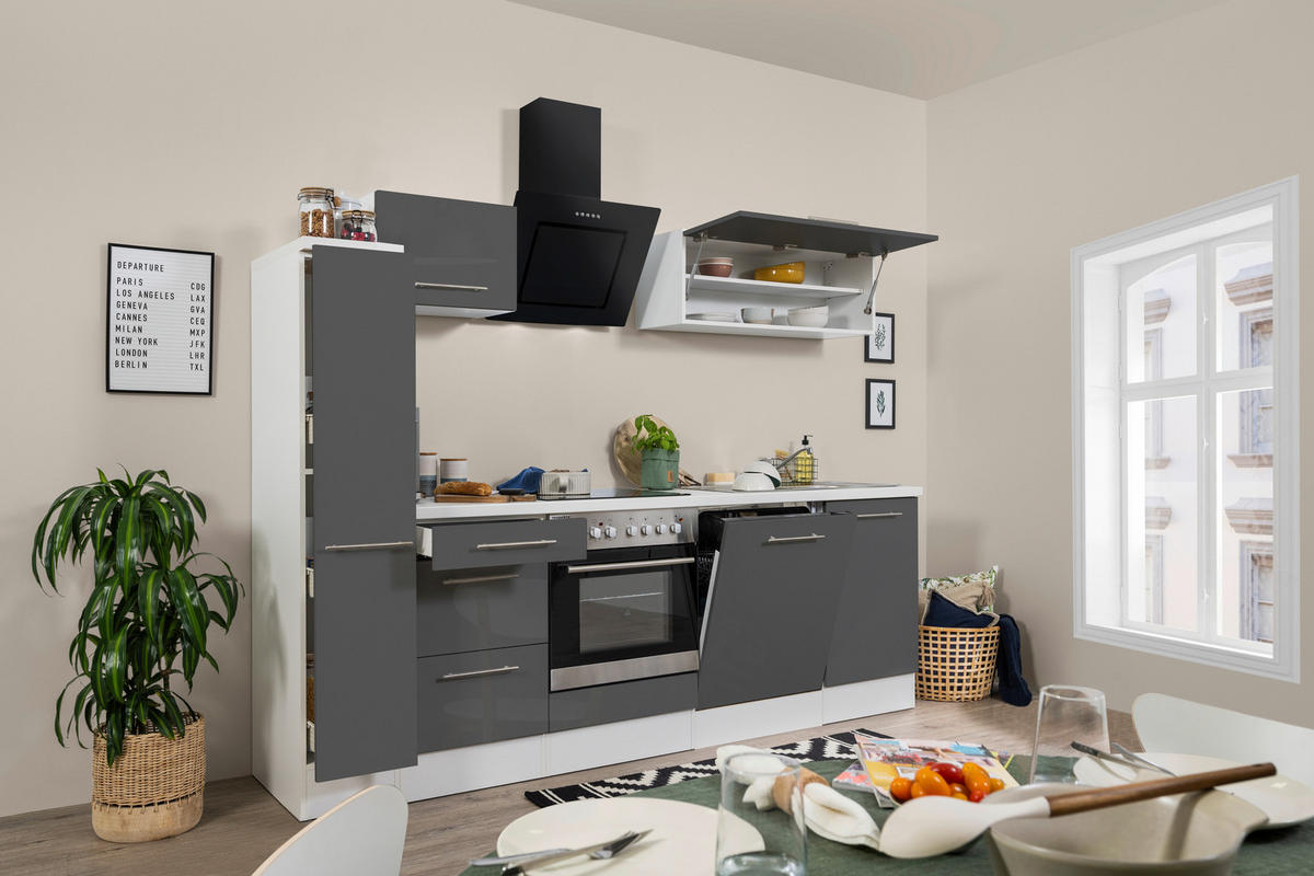 KÜCHENBLOCK 250 cm   in Grau, Schwarz, Weiss  - Weiss/Alufarben, Konventionell, Holzwerkstoff (250cm) - Respekta
