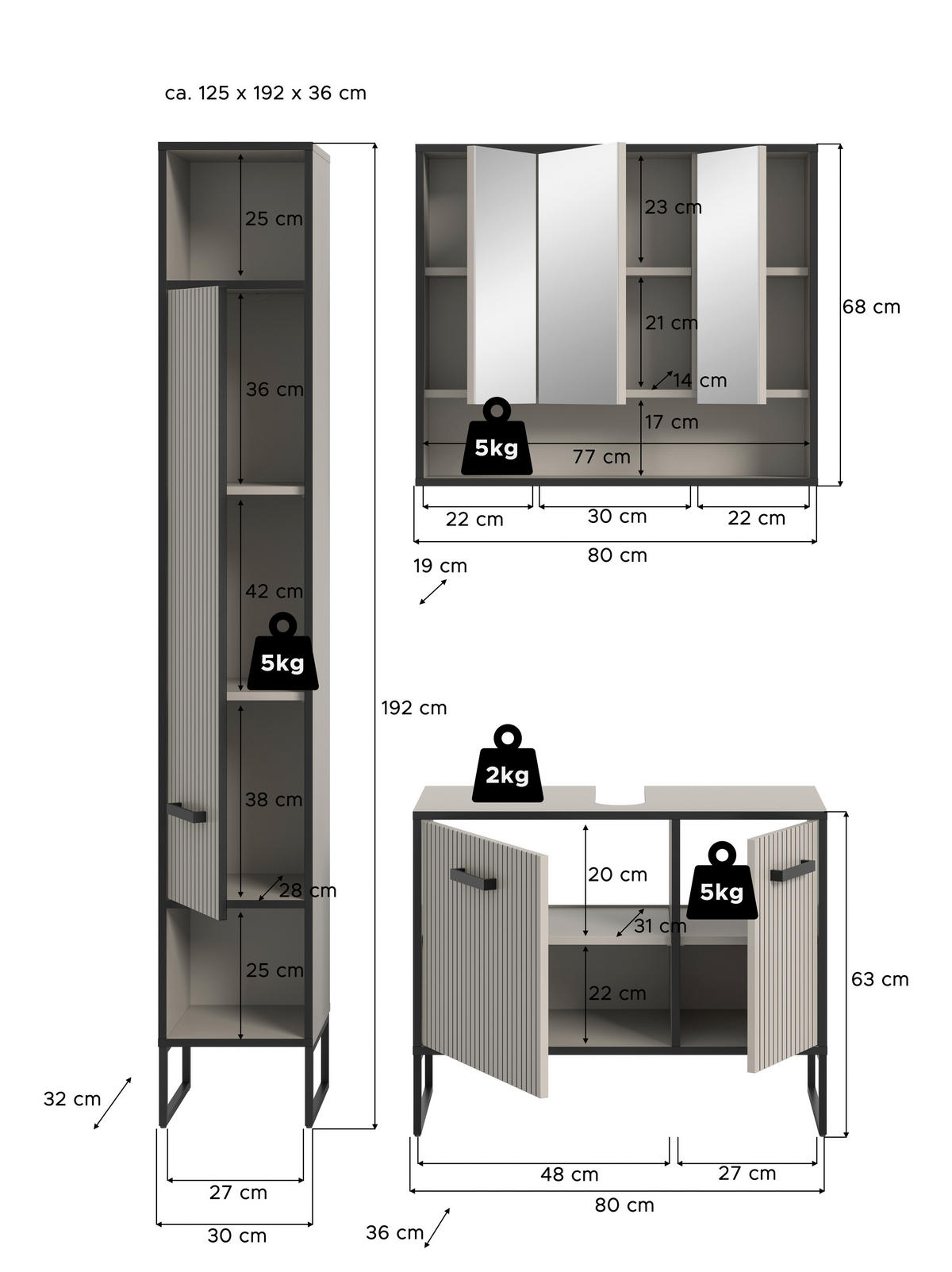 BADEZIMMER 3-teilig  in 110 cm  - Kaschmir/Schwarz, MODERN, Holzwerkstoff/Metall (110cm) - MID.YOU