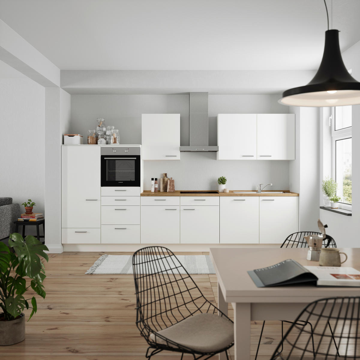 KÜCHENBLOCK 360 cm   in Weiß, Eichefarben  - Edelstahlfarben/Eichefarben, MODERN, Holzwerkstoff/Metall (360cm) - Nobilia