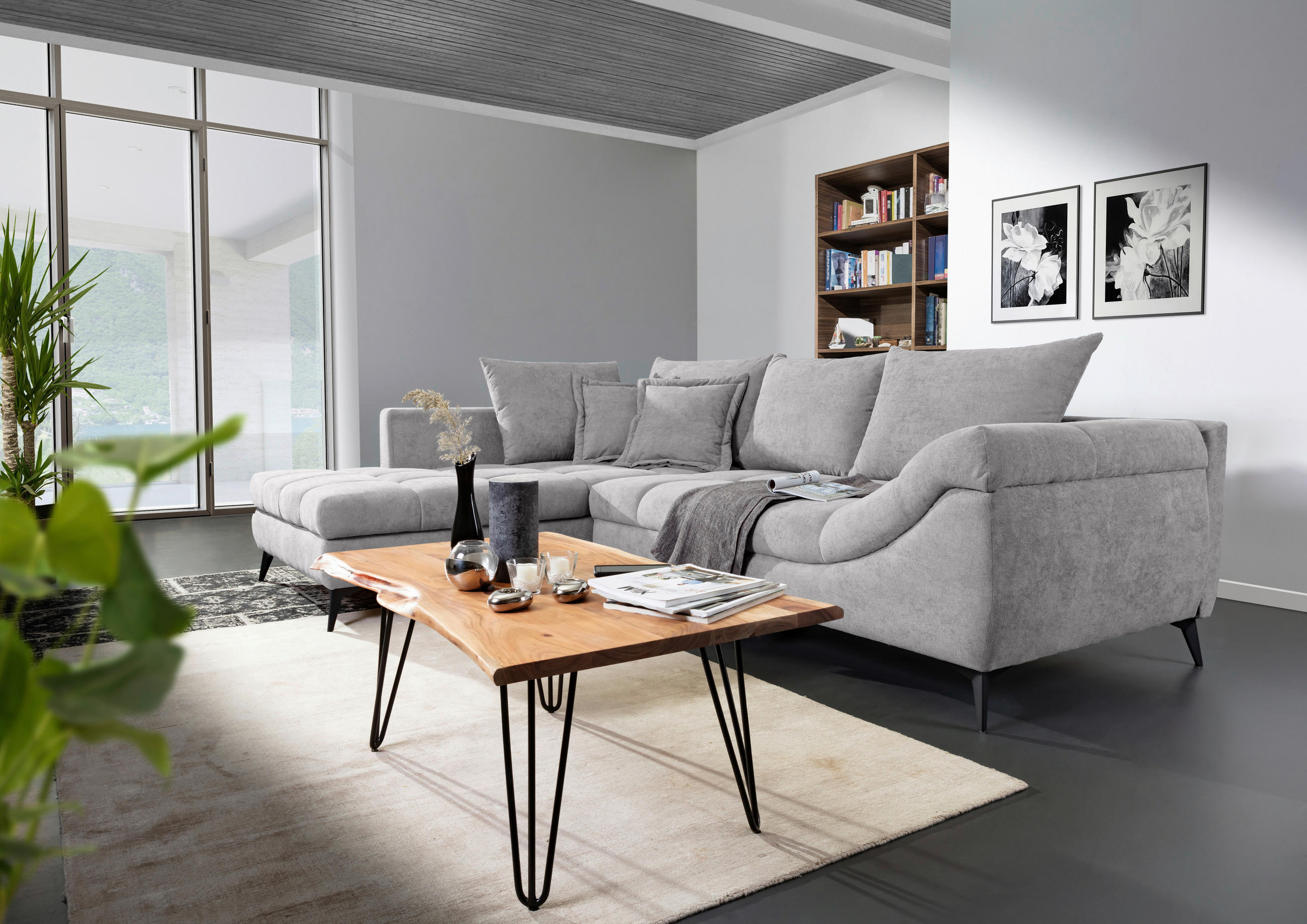 ECKSOFA in Flachgewebe Hellgrau  - Hellgrau/Schwarz, Design, Textil/Metall (224/307cm) - Stylife