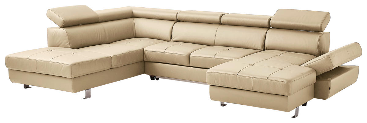 WOHNLANDSCHAFT in Kombination Echtleder/Lederlook Ecru  - Chromfarben/Ecru, Design, Leder/Textil (212/327/165cm) - Stylife