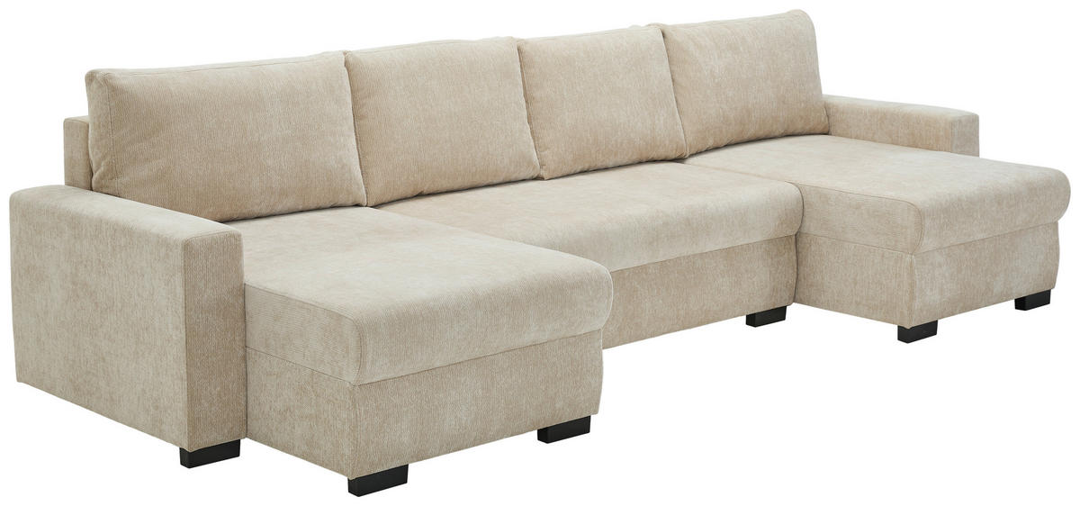 WOHNLANDSCHAFT Beige Chenille  - Beige/Schwarz, KONVENTIONELL, Kunststoff/Textil (140/328/140cm) - Ti'me