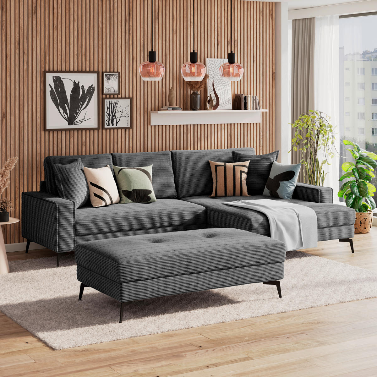 ECKSOFA ZERO Schwarz Cord Zierkissen, Rückenkissen  - Schwarz, Trend, Textil/Metall (286/173cm) - Livetastic