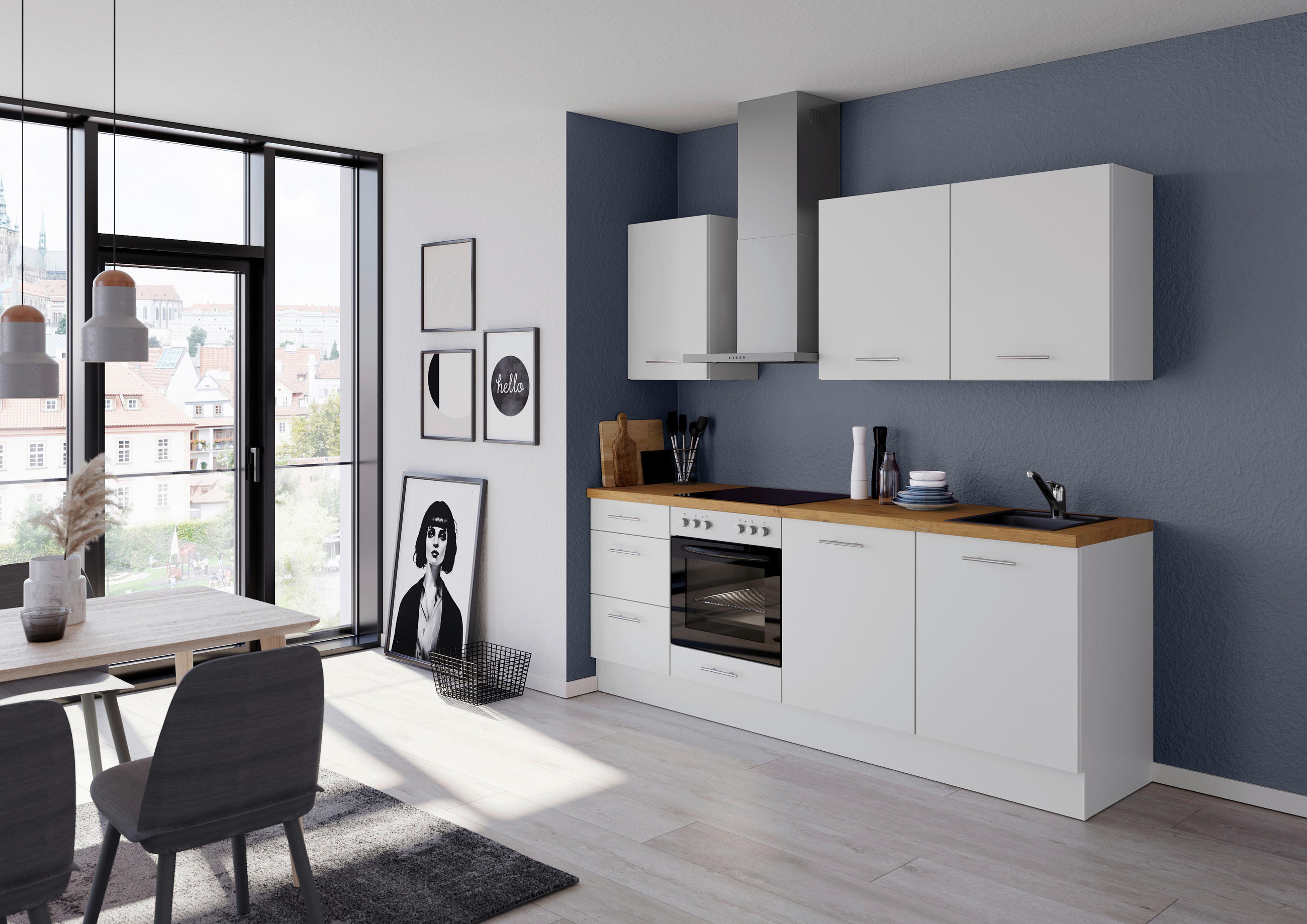 KÜCHENBLOCK 230 cm   in Weiß  - Edelstahlfarben/Eichefarben, Design, Holzwerkstoff/Metall (230cm) - Impuls