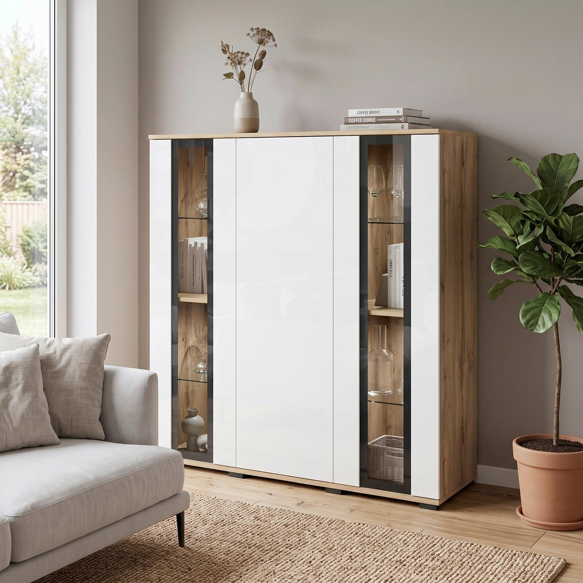 HIGHBOARD Caro 120/121,9/39,5 cm  - Weiß Hochglanz/Eiche Wotan, Design, Glas/Holzwerkstoff (120/121,9/39,5cm) - P & B