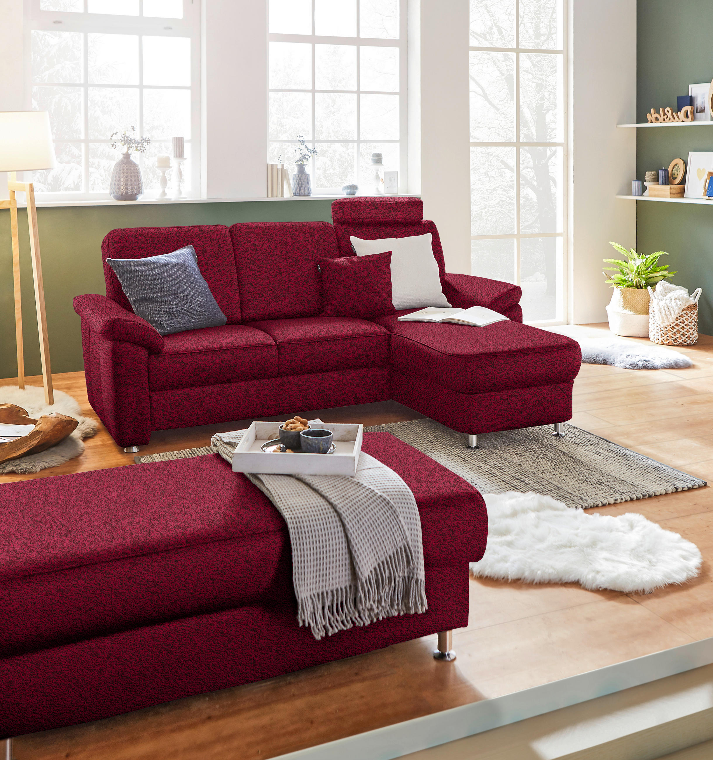 ECKSOFA in Webstoff Weinrot  - Chromfarben/Weinrot, Konventionell, Textil/Metall (220/163cm) - Beldomo System