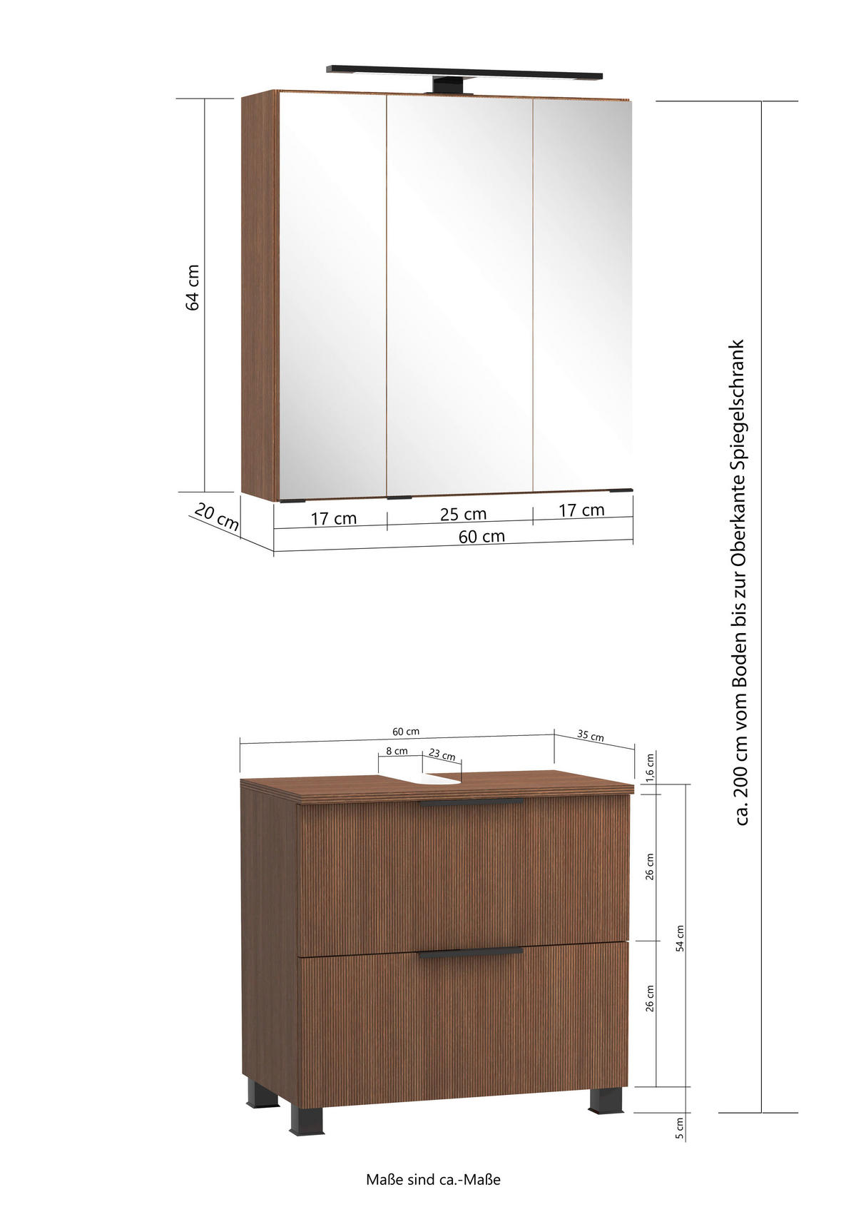 BADEZIMMER 2-teilig  in 60 cm  - Dunkelbraun/Schwarz, Natur, Glas/Holzwerkstoff (60cm) - Held