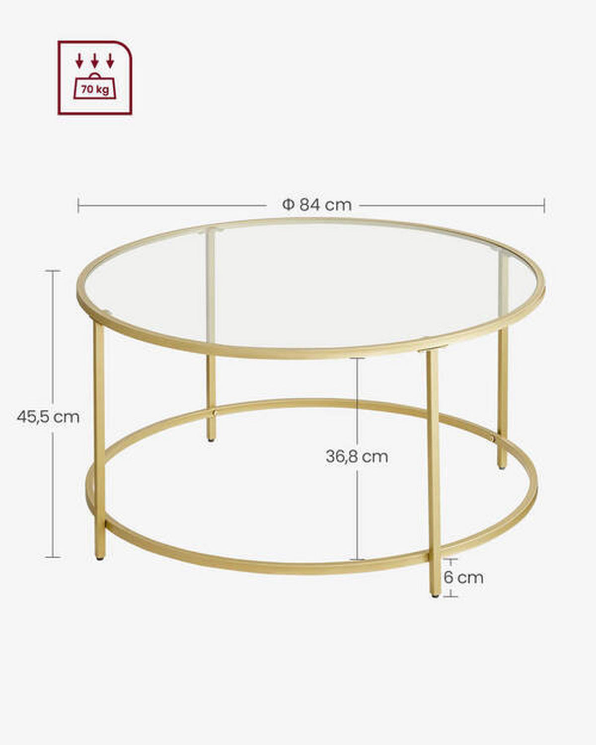 COUCHTISCH Hartglas 84/84/45,5 cm rund Klar, Goldfarben  - Klar/Goldfarben, Trend, Glas/Metall (84/84/45,5cm) - Boxxx