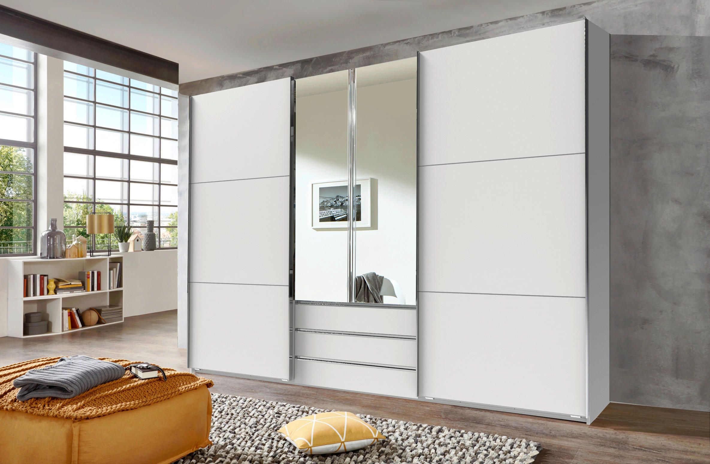 SCHWEBETÜRENSCHRANK 300/216/65 cm 4-türig Silberfarben, Weiß  - Chromfarben/Silberfarben, MODERN, Glas/Holzwerkstoff (300/216/65cm) - MID.YOU