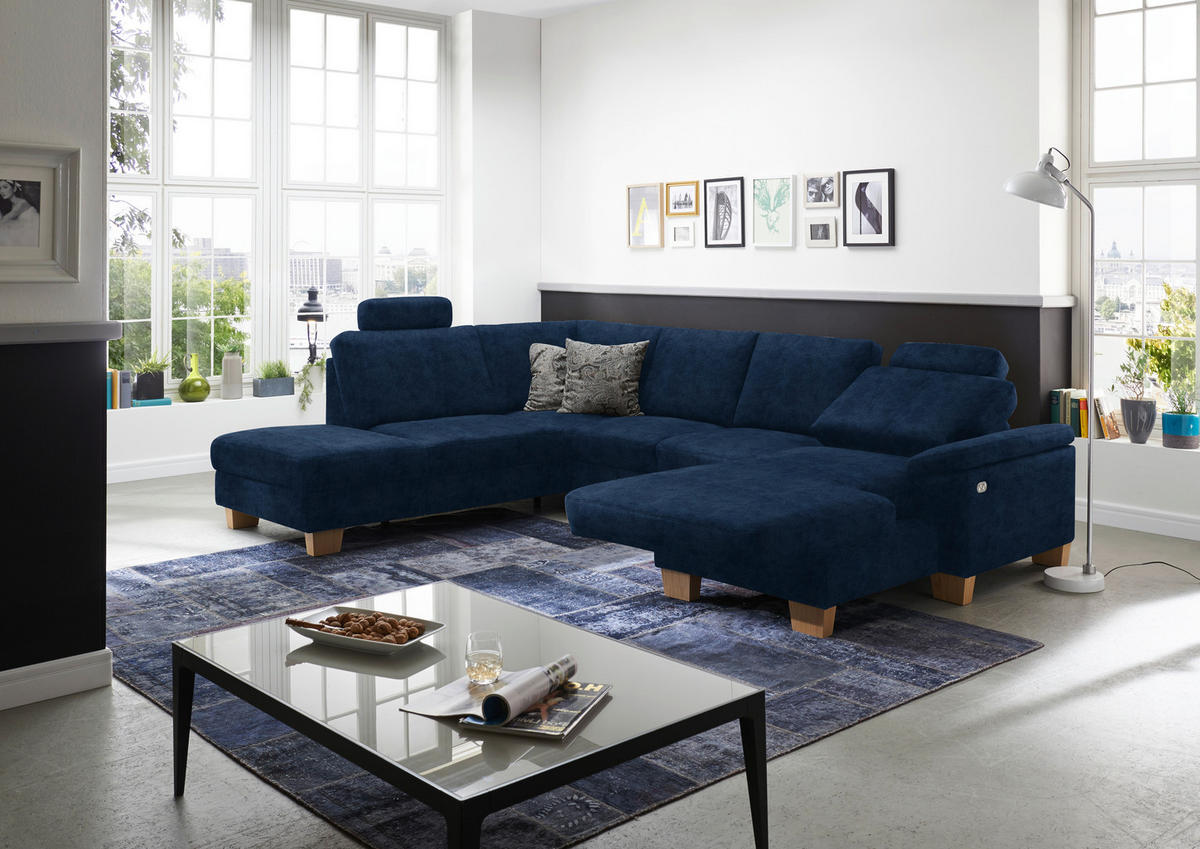 WOHNLANDSCHAFT in Velours Dunkelblau  - Eichefarben/Dunkelblau, Konventionell, Holz/Textil (235/316/167cm) - Beldomo System