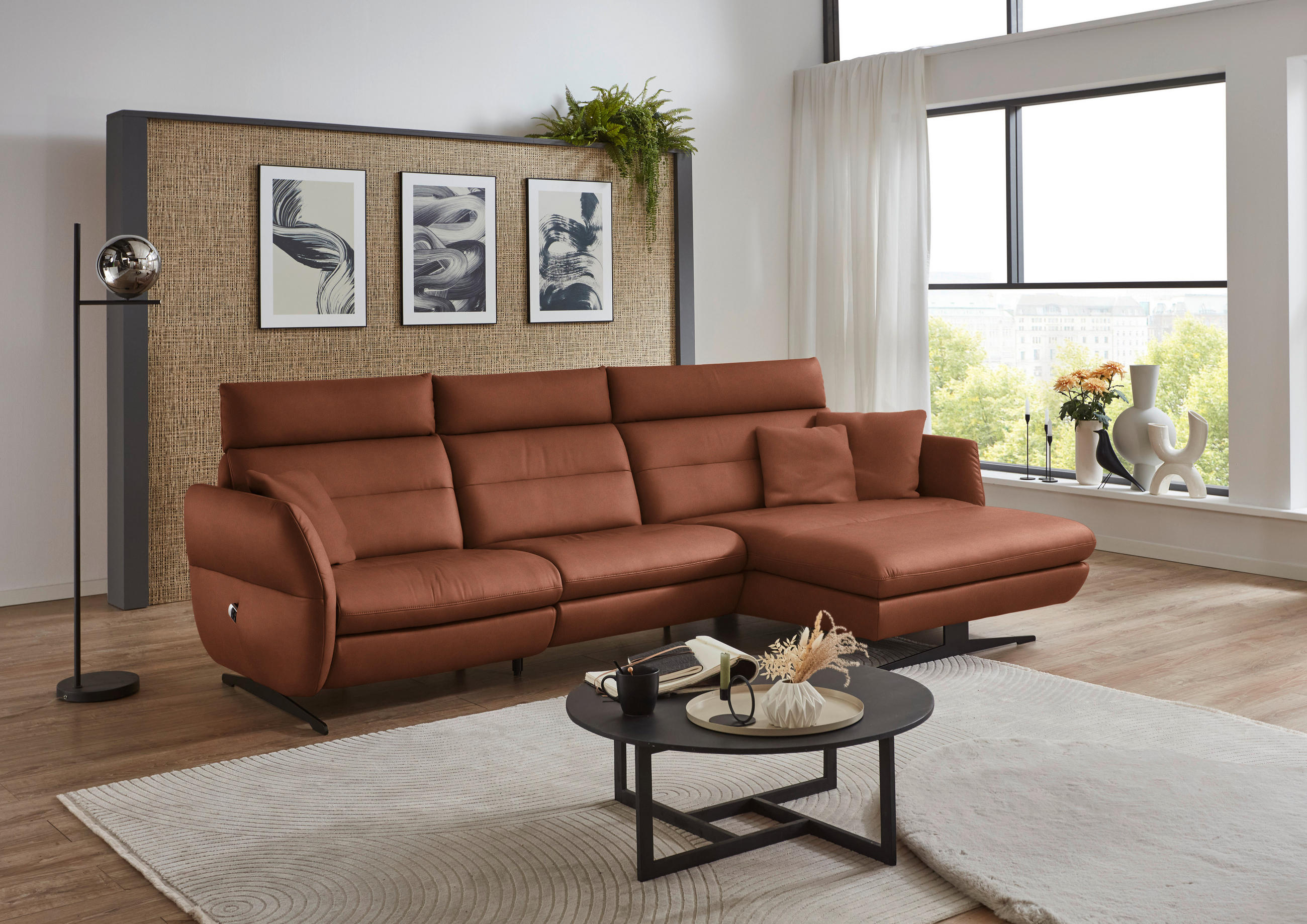 ECKSOFA in Echtleder Cognac  - Cognac/Schwarz, Design, Leder/Metall (300/157cm) - Dieter Knoll
