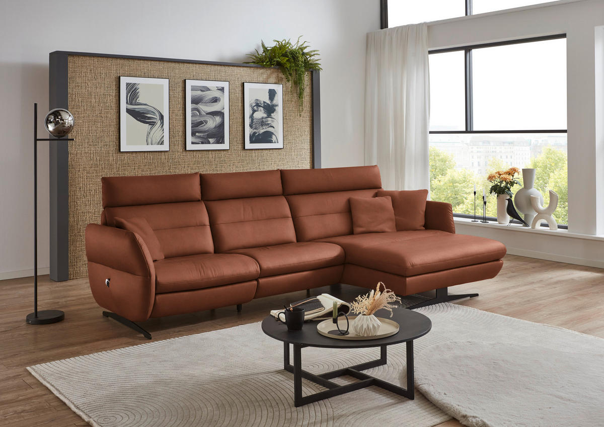 ECKSOFA in Echtleder Cognac  - Cognac/Schwarz, Design, Leder/Metall (300/157cm) - Dieter Knoll