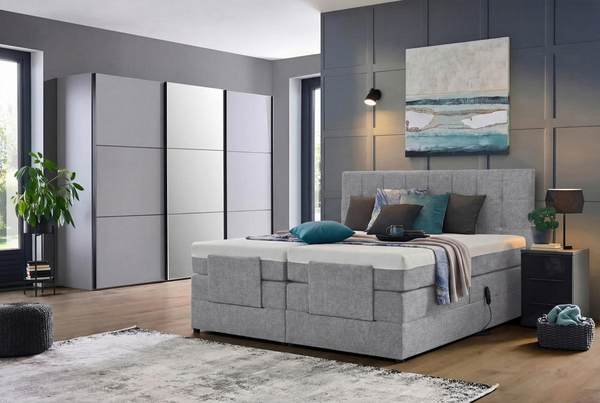 BOXSPRINGBETT 160/200 cm,  in Hellgrau, gepolstertes Kopfteil, Topper, motorische Verstellbarkeit, Fernbedienung, Matratzen, H3 = fest  - Hellgrau/Schwarz, KONVENTIONELL, Kunststoff/Textil (160/200cm) - Moderano