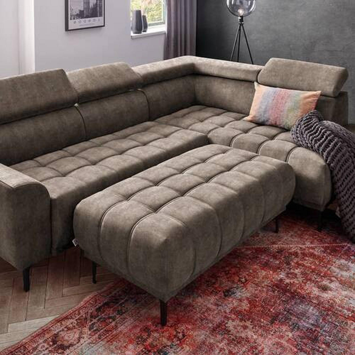 ECKSOFA in Velours Braun  - Schwarz/Braun, Design, Textil/Metall (261/191cm) - Stylife
