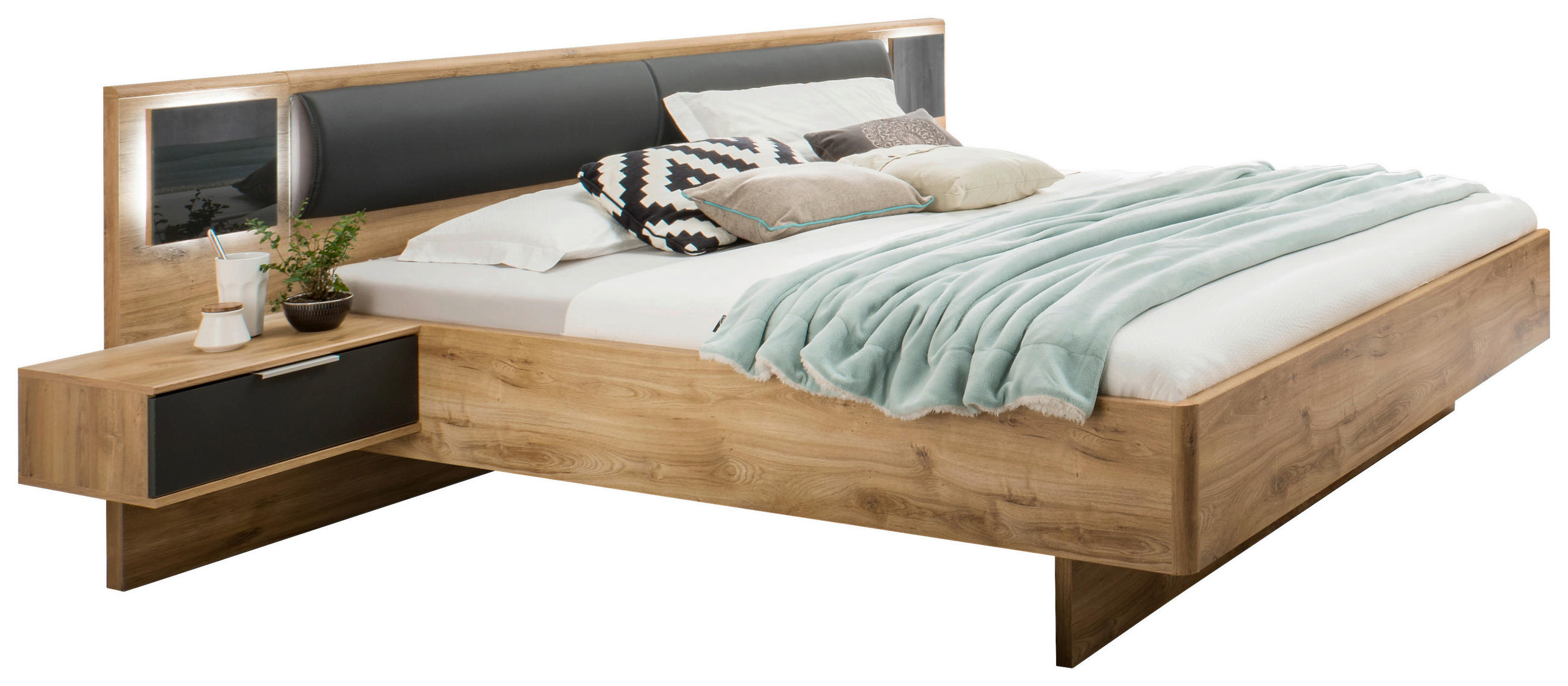 BETTANLAGE - Plankeneiche/Dunkelgrau, KONVENTIONELL, Glas/Textil (180/200cm) - Carryhome