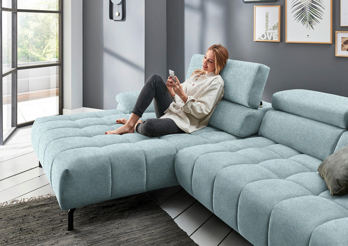 ECKSOFA in Chenille Hellblau  - Schwarz/Hellblau, Design, Textil/Metall (190/329cm) - Beldomo Style