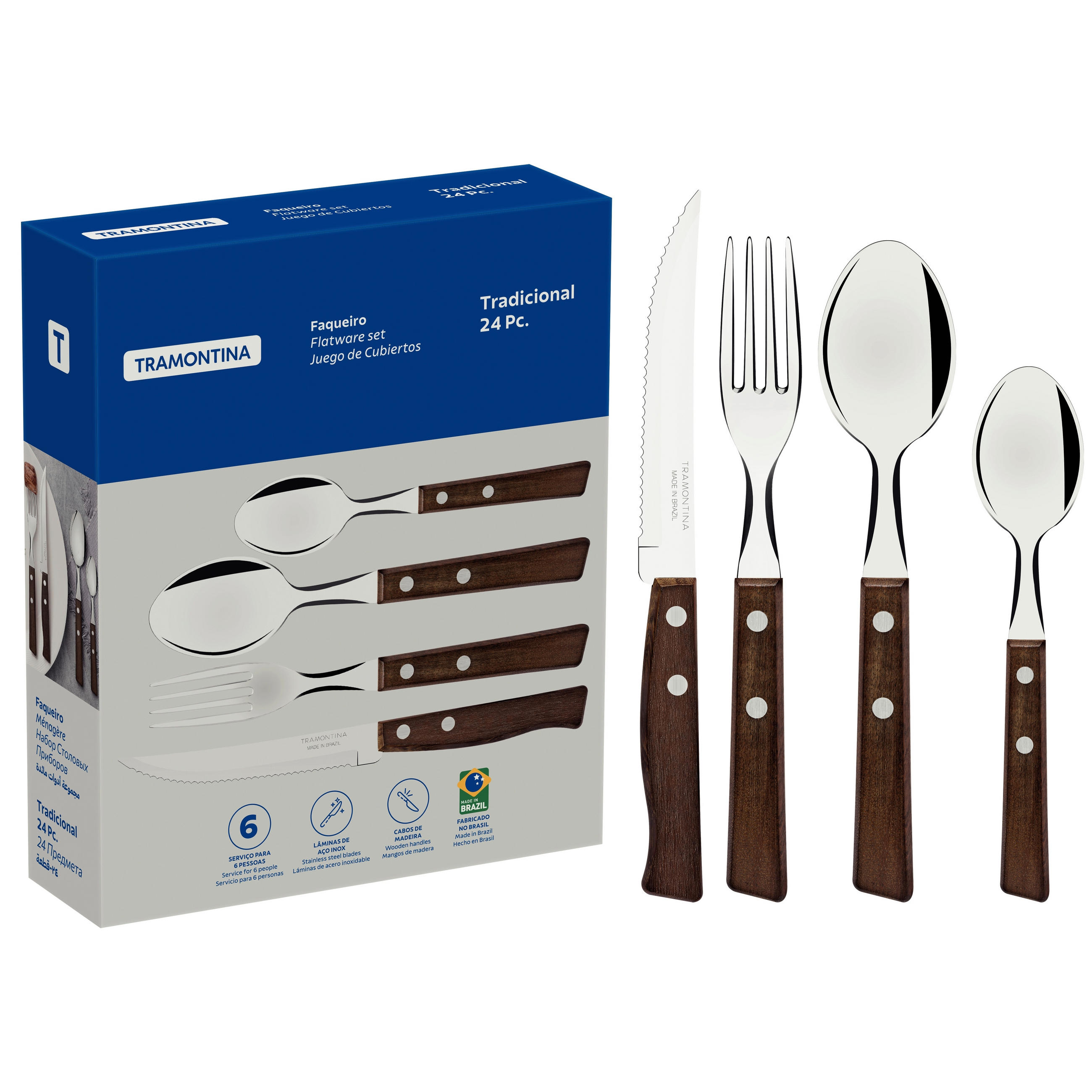 BESTECKSET TRADICIONAL 24-teilig Edelstahl  für 6 Personen  - Edelstahlfarben/Braun, Design, Holz/Metall - TRAMONTINA