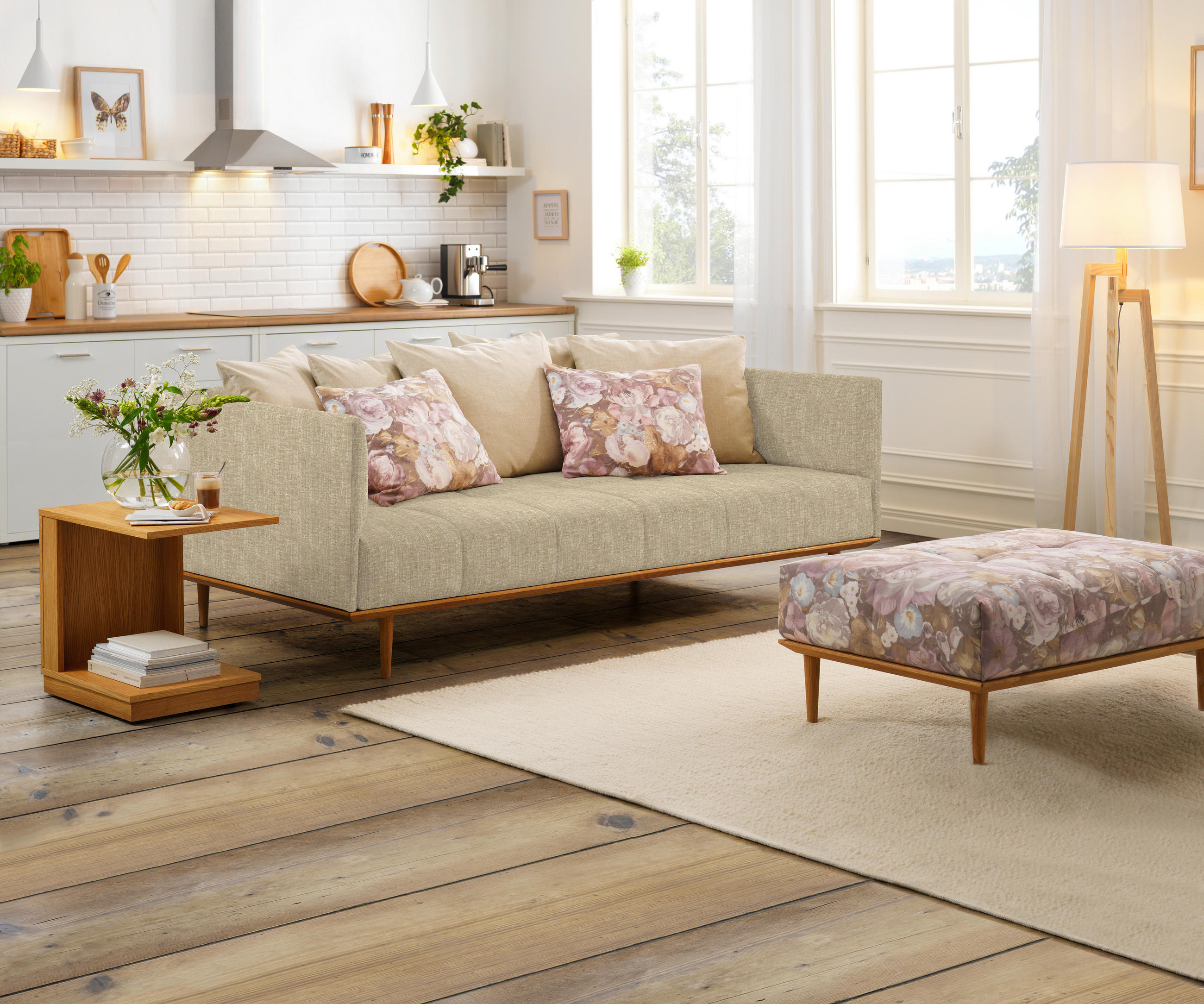 BIGSOFA in Flachgewebe Hellbraun  - Hellbraun, Modern, Holz/Textil (220/77/120cm) - Joka