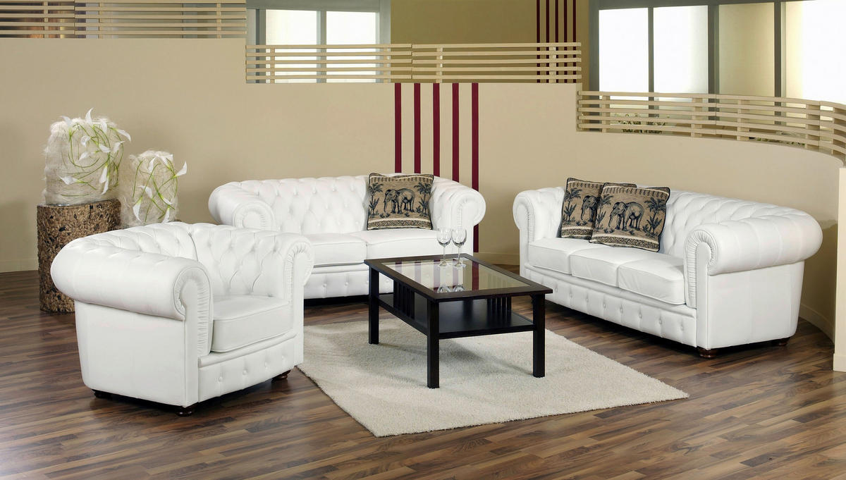 CHESTERFIELD-ZWEISITZER-SOFA  in Lederlook Weiß  - Nussbaumfarben/Weiß, Design, Holz/Textil (172/76/98cm) - Max Winzer