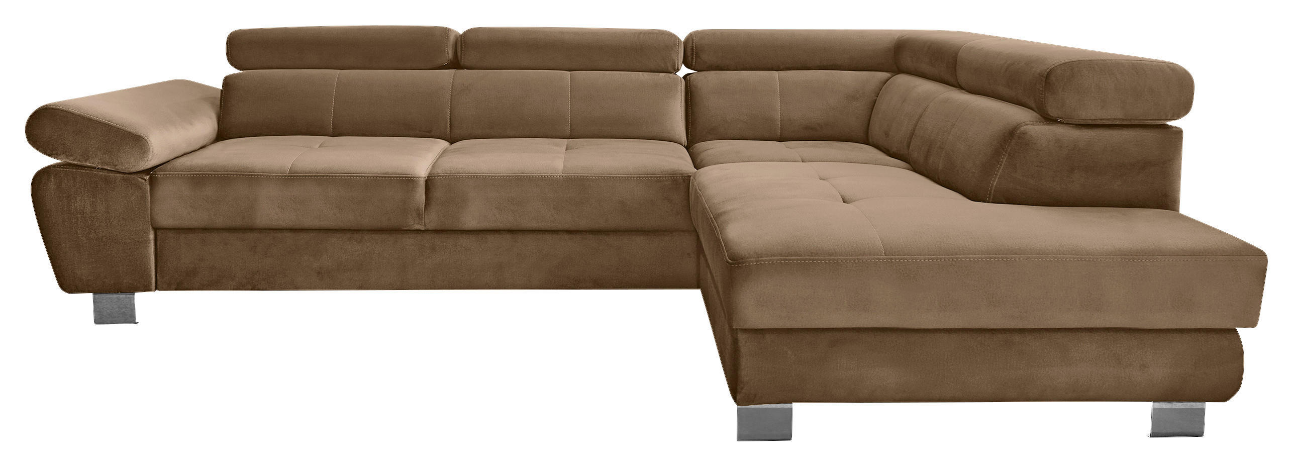 ECKSOFA Braun Webstoff Bettkasten, Schlaffunktion, Rücken echt, Armteilverstellung, Kopfteilverstellung  - Chromfarben/Braun, MODERN, Textil/Metall (278/205cm) - Stylife