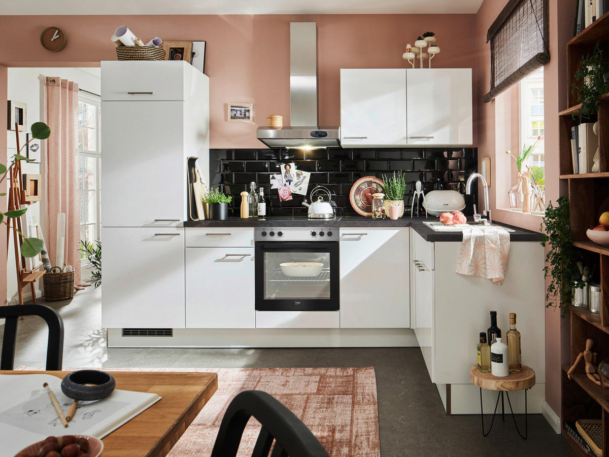 ECKKÜCHE 185/165 cm  in Grau, Weiß Hochglanz  - Edelstahlfarben/Weiß Hochglanz, Design, Holzwerkstoff/Metall (185/165cm) - Pino