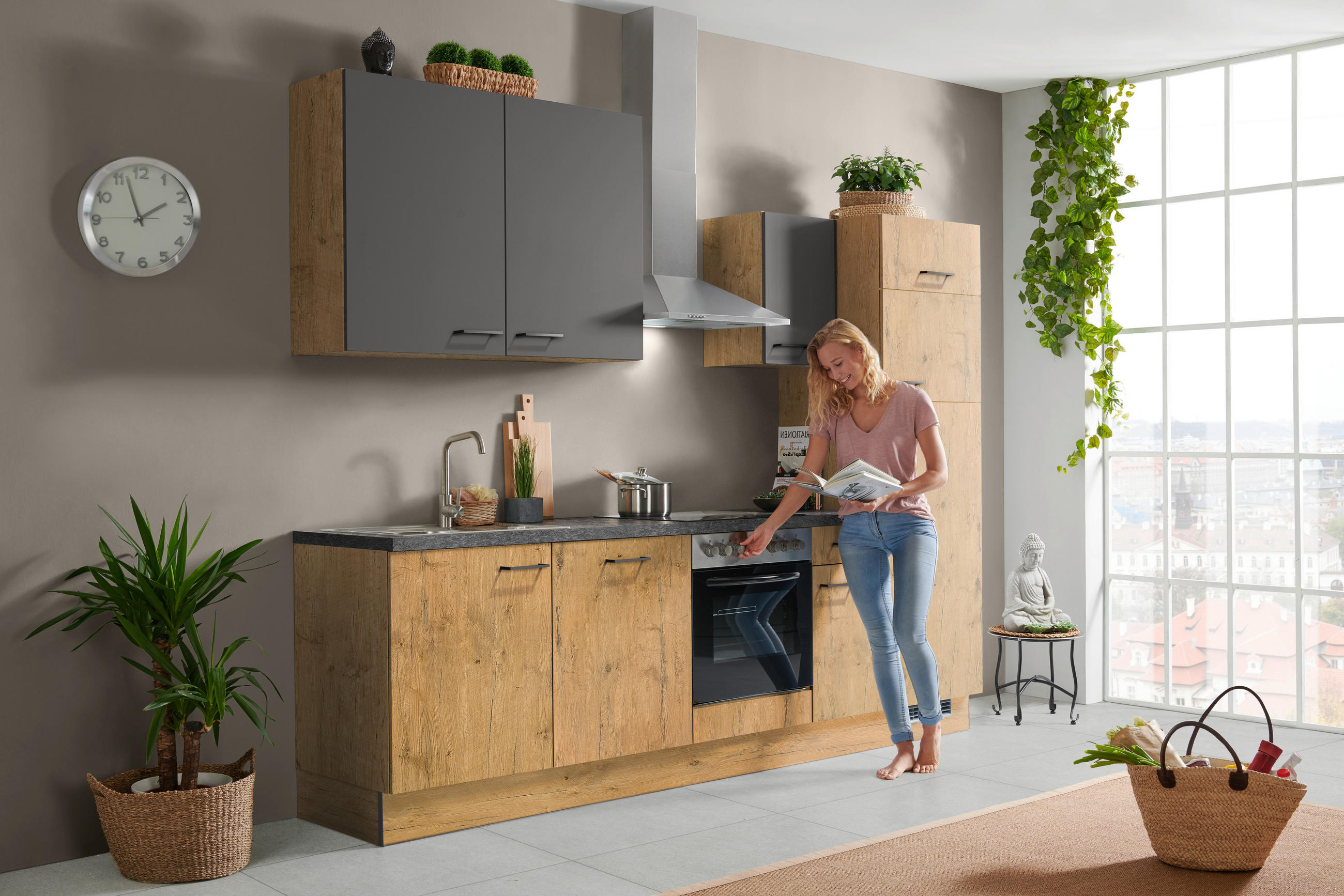 KÜCHENLEERBLOCK 280 cm   in Graphitfarben, Eichefarben  - Dunkelgrau/Eichefarben, Basics, Holzwerkstoff/Metall (280cm) - Impuls