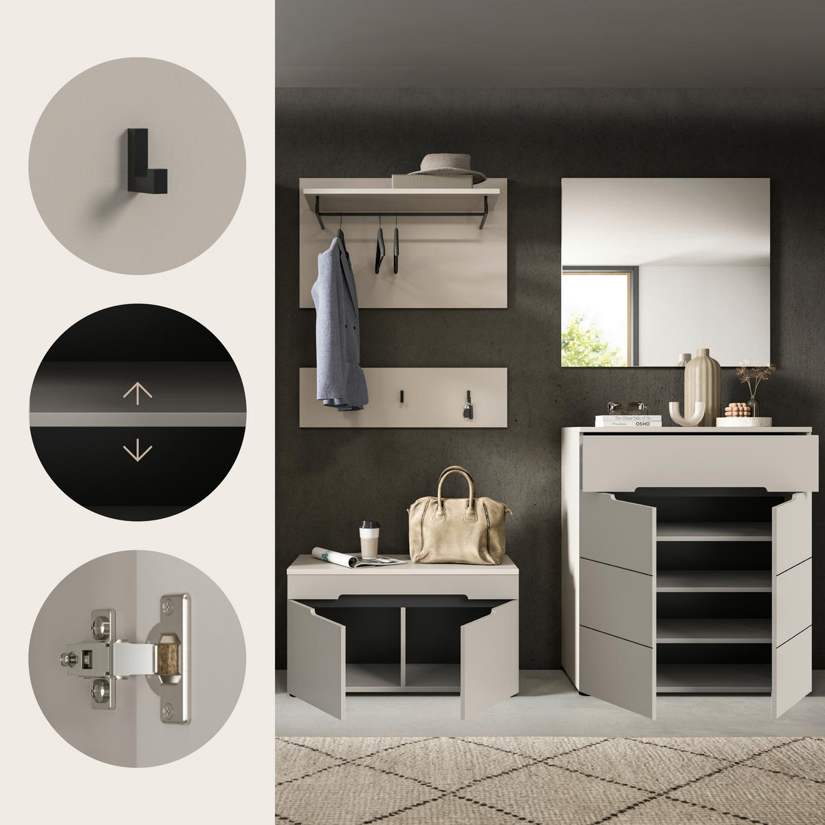 GARDEROBE 4-teilig  in 175/190/37 cm  - Kaschmir/Grau, Design, Holzwerkstoff (175/190/37cm) - MID.YOU