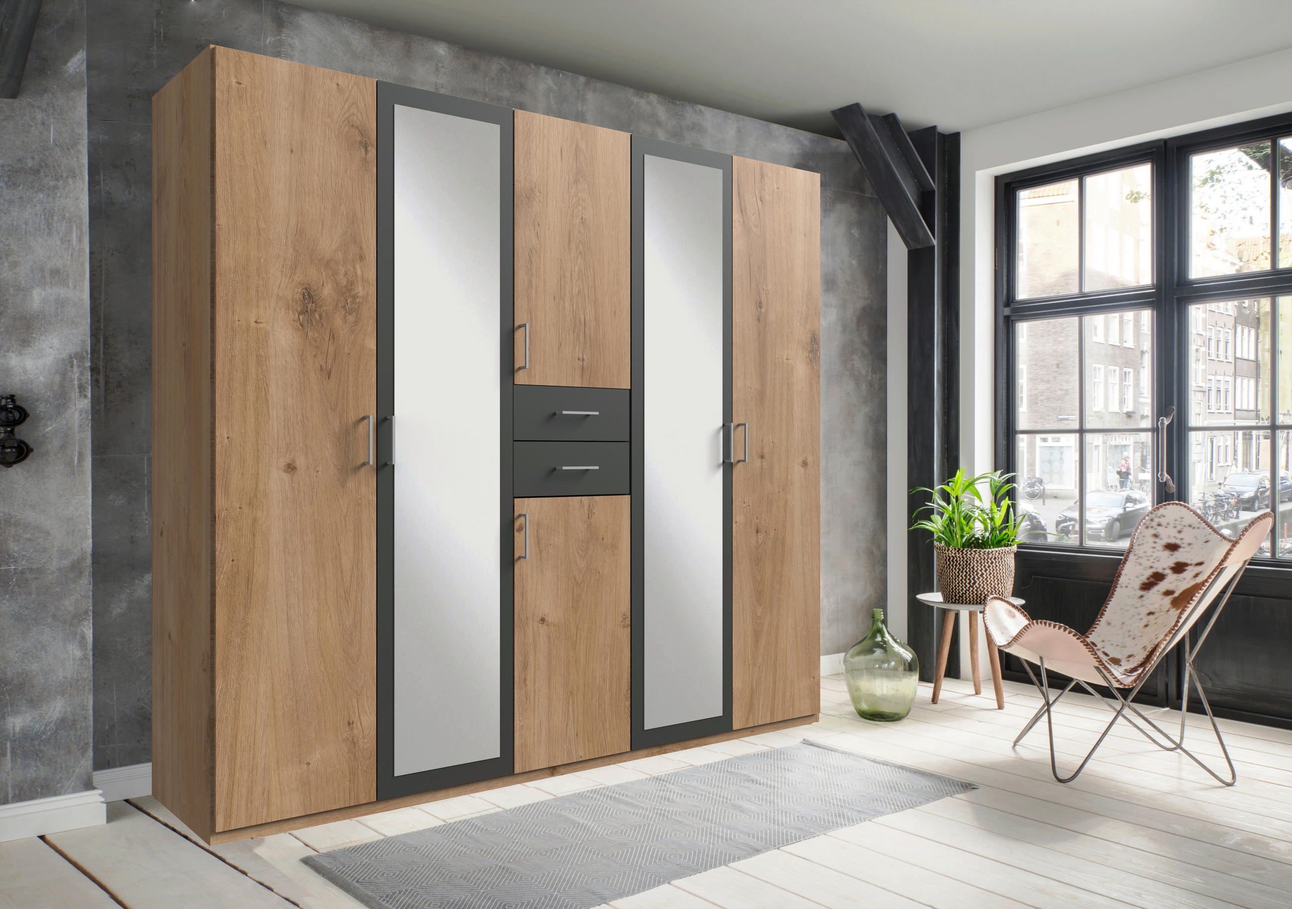 KLEIDERSCHRANK  in Anthrazit, Plankeneiche  - Plankeneiche/Anthrazit, KONVENTIONELL, Glas/Holzwerkstoff (225/208/58cm) - Carryhome