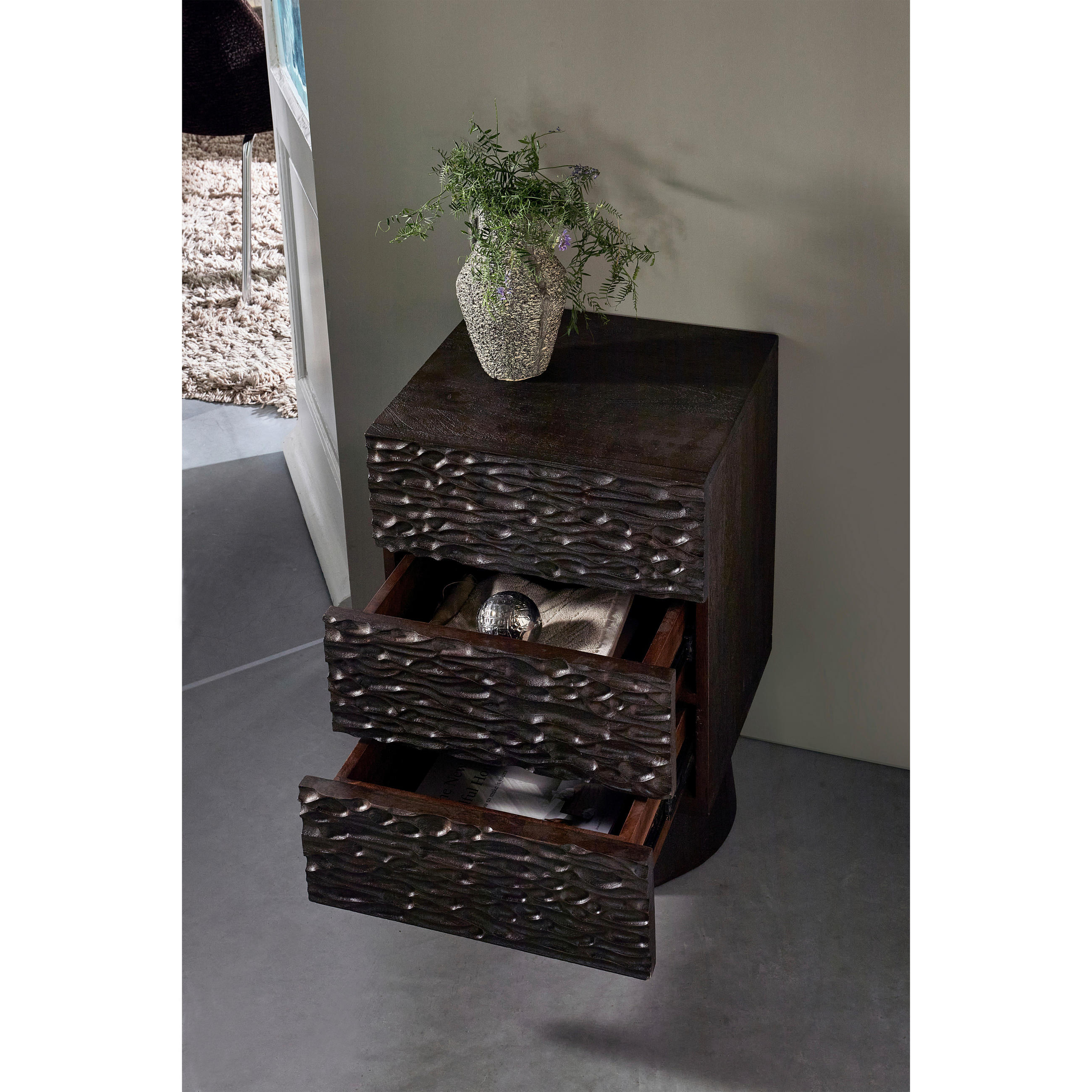 Thumbnail - Livetastic Nachttisch Crumble, Walnuss, Holz, Mangoholz, 3 Schubladen, quadratisch, konisch, 37x63.5x40 cm, Schlafzimmer...