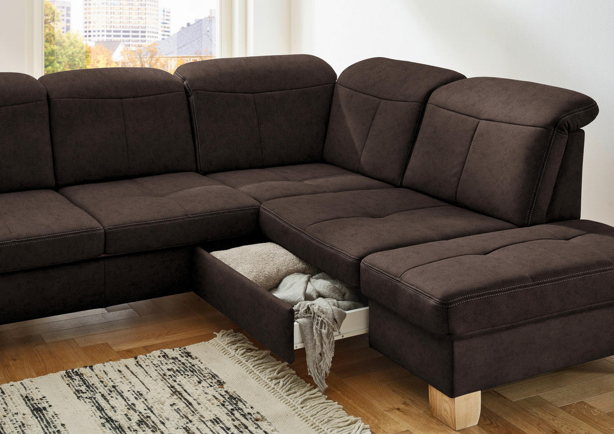 WOHNLANDSCHAFT Dunkelbraun Mikrofaser  - Wildeiche/Dunkelbraun, KONVENTIONELL, Holz/Textil (185/343/243cm) - Voleo