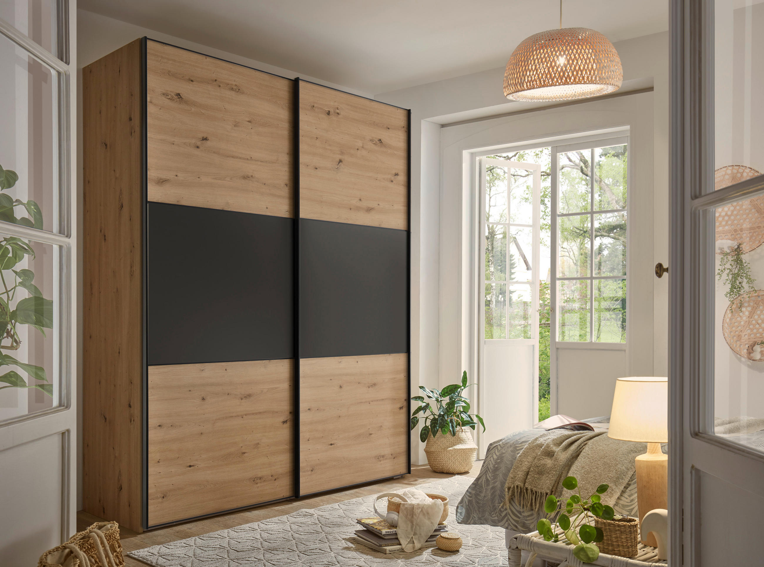 SCHWEBETÜRENSCHRANK in Anthrazit, Eiche Artisan  - Anthrazit/Schwarz, Holzwerkstoff/Metall (225/222/68cm) - Moderano