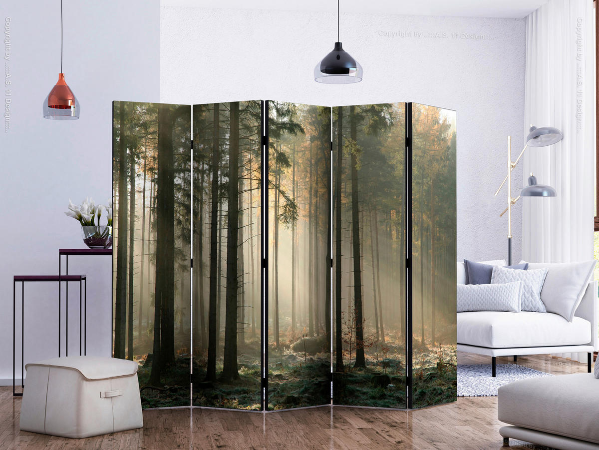 PARAVENT mit 5  Flügel - Waldgrün/Braun, Basics, Holz/Textil (225/172/3cm) - artgeist