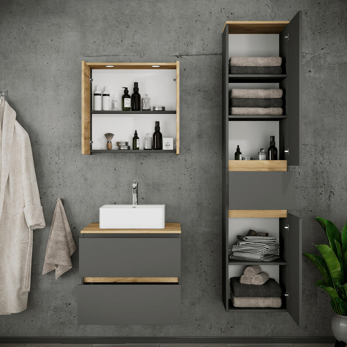 BADEZIMMER 4-teilig  in 90 cm  - Honigeiche/Anthrazit, Trend, Keramik/Holzwerkstoff (90cm) - MID.YOU