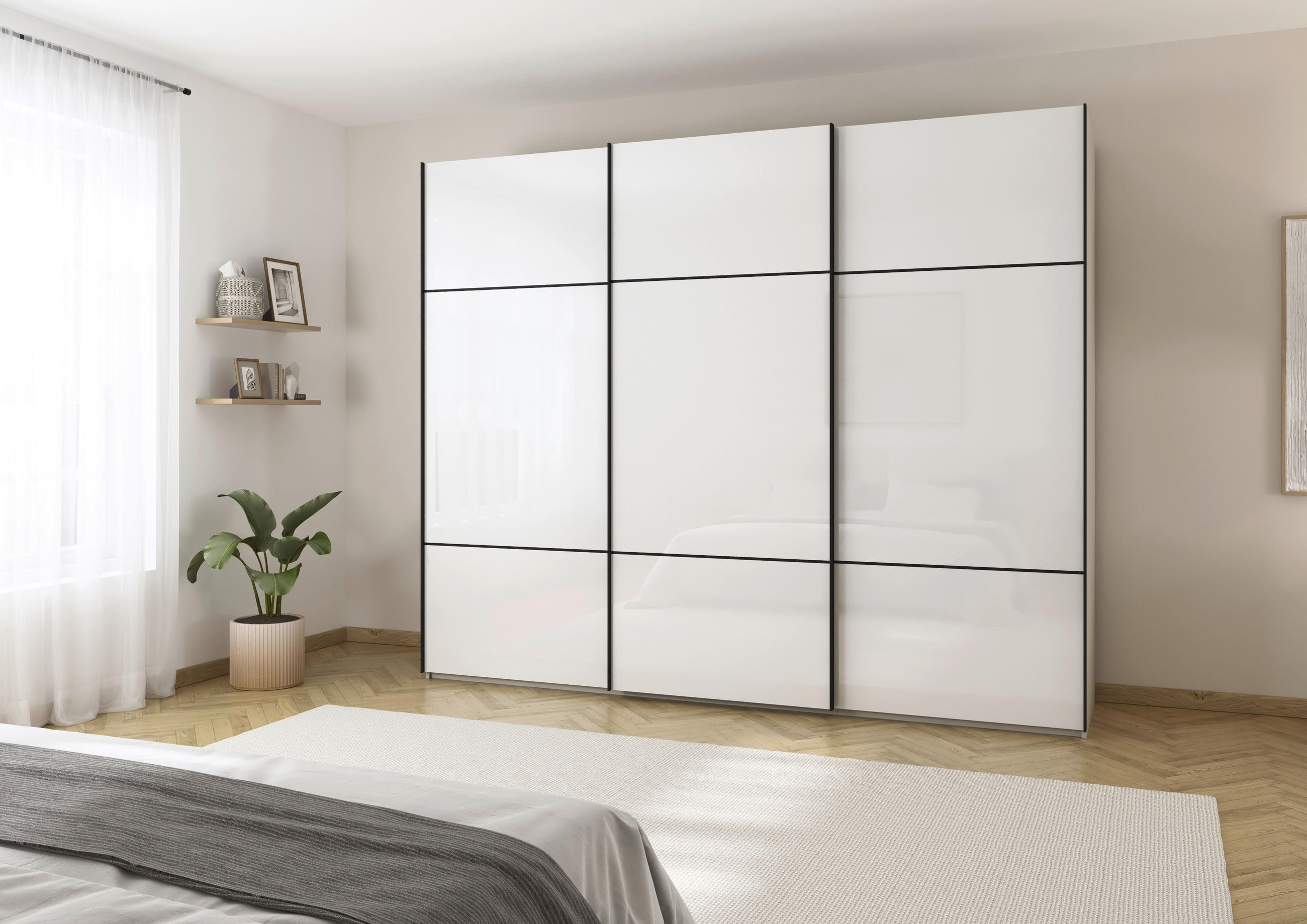 SCHWEBETÜRENSCHRANK in Weiss, Champagner  - Weiss/Champagner, Konventionell, Glas/Holzwerkstoff (301/223/68cm) - Novel