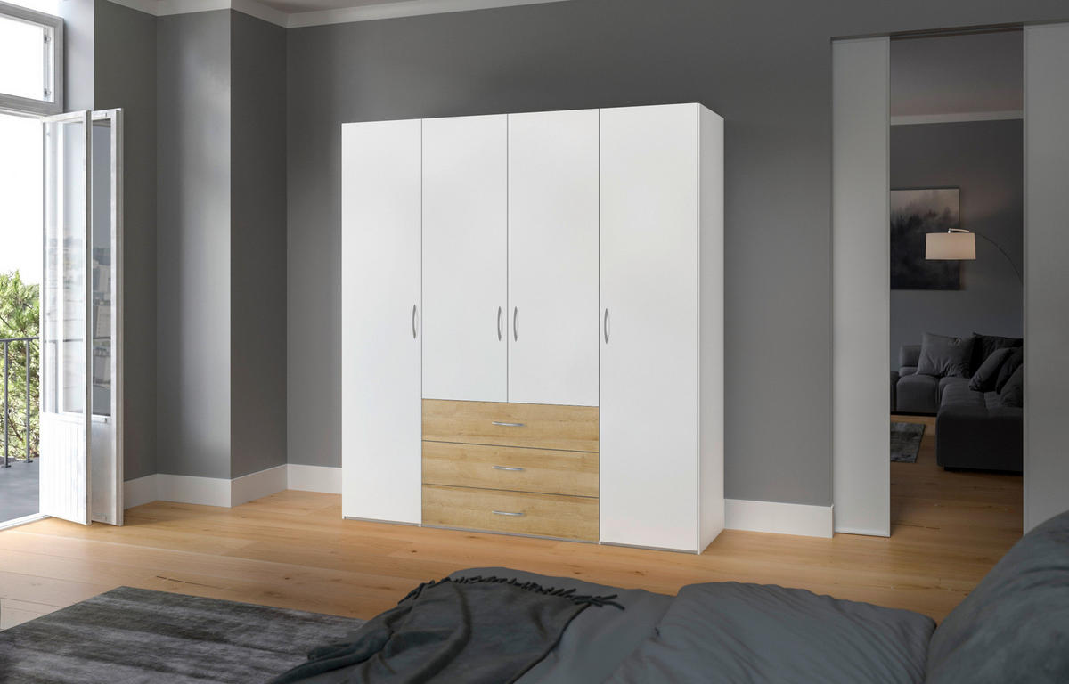 KLEIDERSCHRANK  in Weiß, Eichefarben  - Eichefarben/Silberfarben, Design, Holzwerkstoff (203/215/59cm) - Carryhome