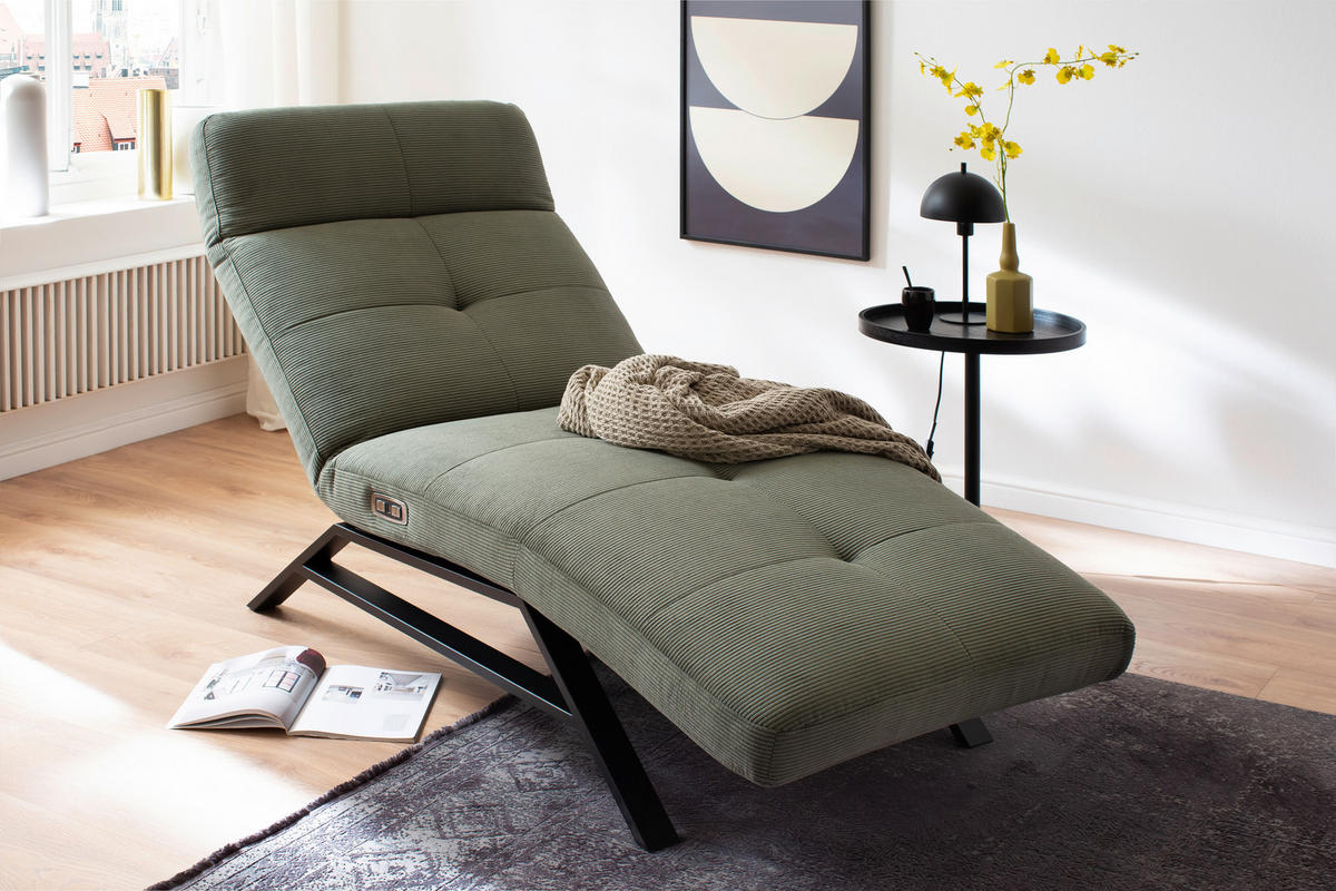 RELAXLIEGE in Cord Olivgrün  - Schwarz/Olivgrün, Design, Textil/Metall (80/54-113/158-198cm) - Pure Home Lifestyle