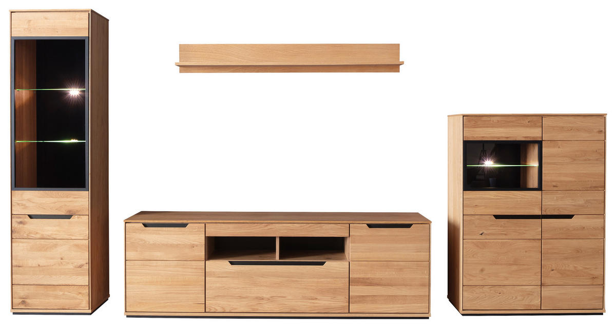 WOHNWAND 4-teilig  Wildeiche 378/196/46 cm    - Wildeiche, Natur, Glas/Holz (378/196/46cm) - Linea Natura