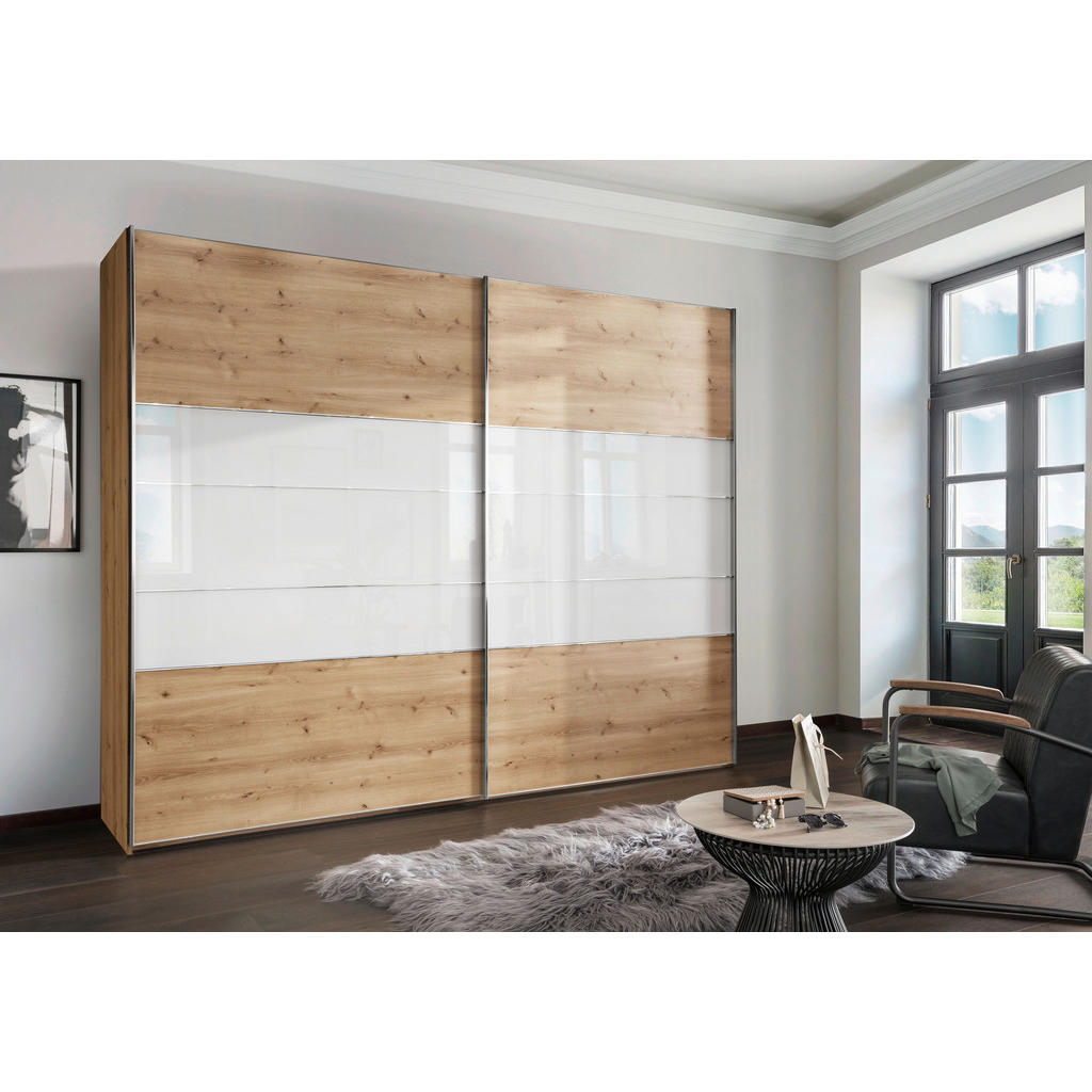 Thumbnail - Voleo Schwebetürenschrank, Weiß, Eiche Bianco, Holzwerkstoff, 9 Fächer, 2 Schubladen, 250x236x67 cm, ISO 9001, Goldenes ...