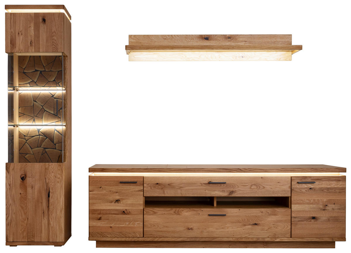 WOHNWAND 3-teilig  Eichefarben 275/204/50 cm  LED-Leuchtmittel   - Eichefarben/Schwarz, Natur, Glas/Holz (275/204/50cm) - Linea Natura